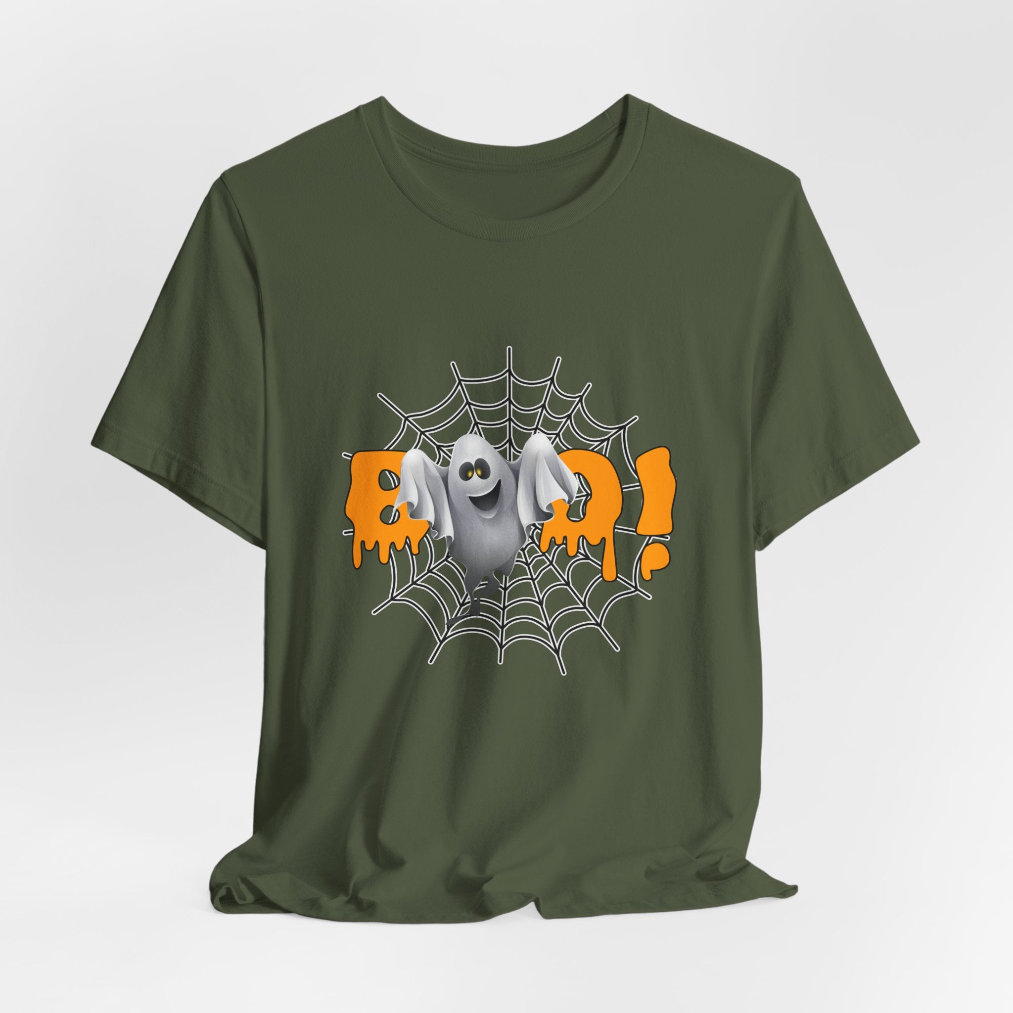 Military green t-shirt with Halloween-themed design featuring a ghost and spider web on a white background