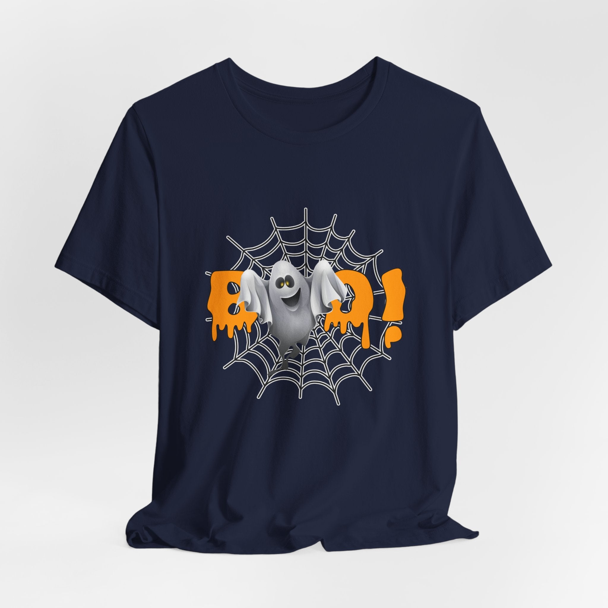 Navy blue t-shirt with Halloween graphic of a ghost and spider web on a white background