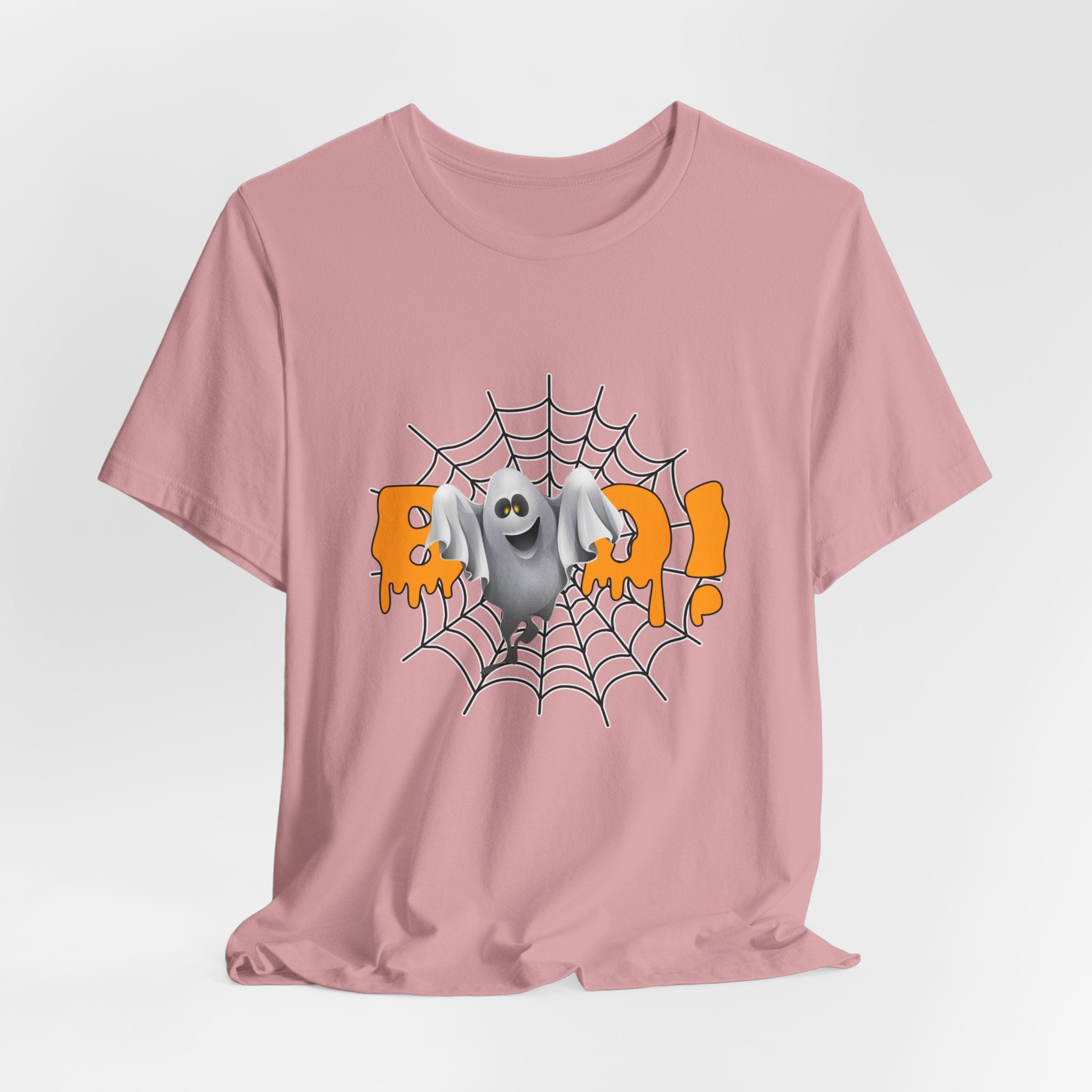 Orchid pink t-shirt with a Halloween-themed graphic of a ghost on a spiderweb and orange letters on a white background.