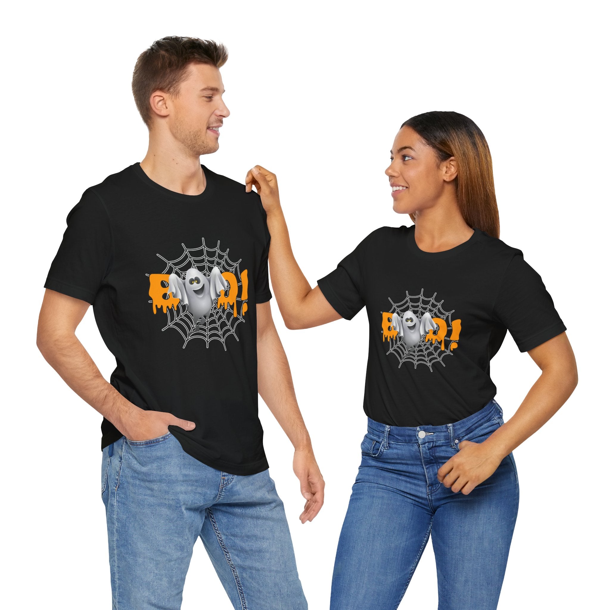 Two people wearing black t-shirts with a spider graphic and text on a white background