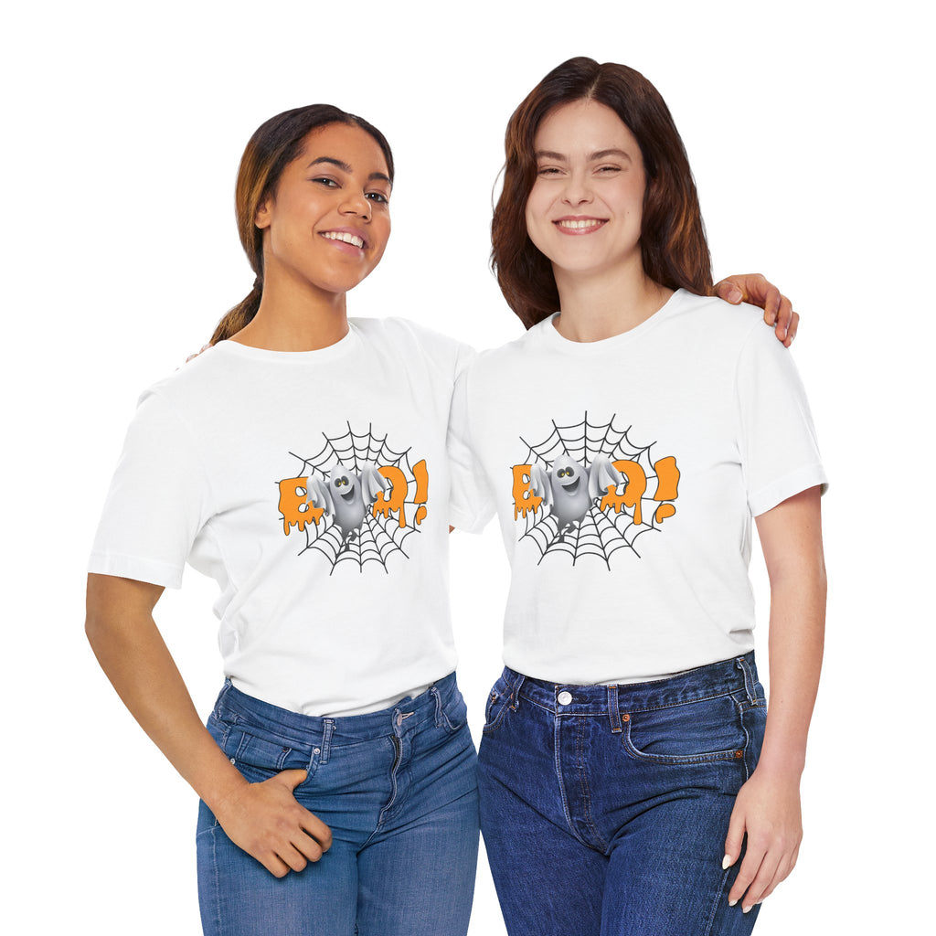 Two people wearing white t-shirts with a spider graphic and text on a white background