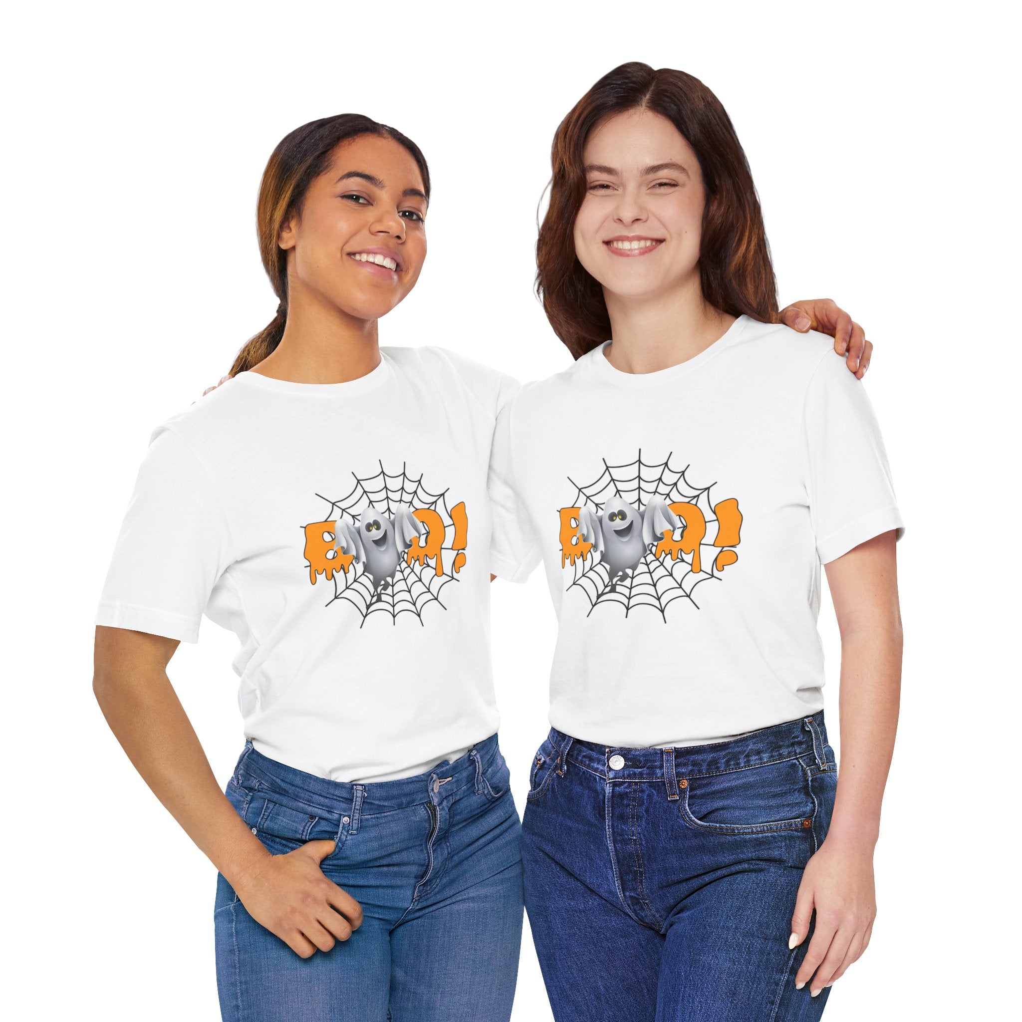 Two people wearing white t-shirts with a spider graphic and text on a white background