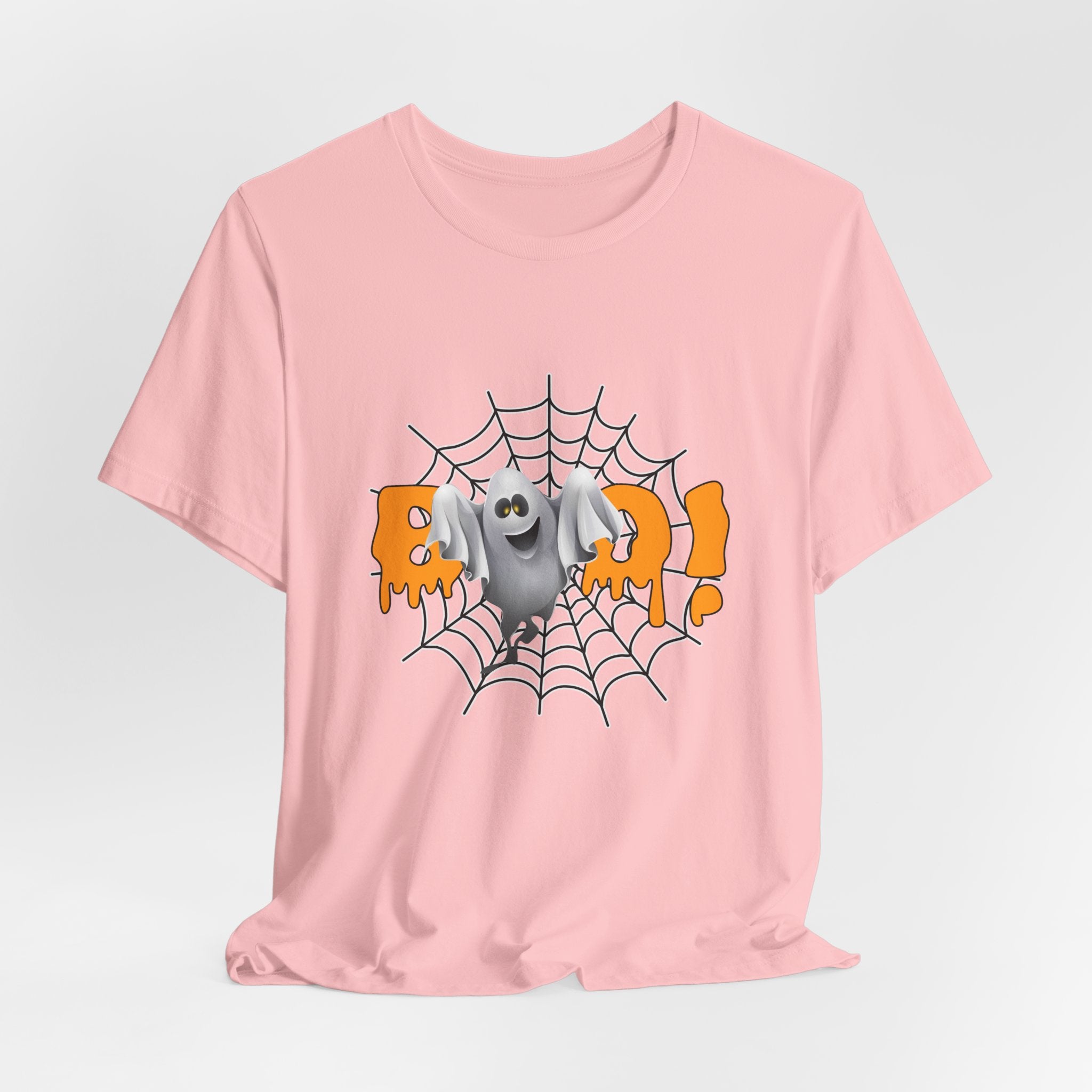 Pink t-shirt with a Halloween-themed graphic of a ghost on a spiderweb.