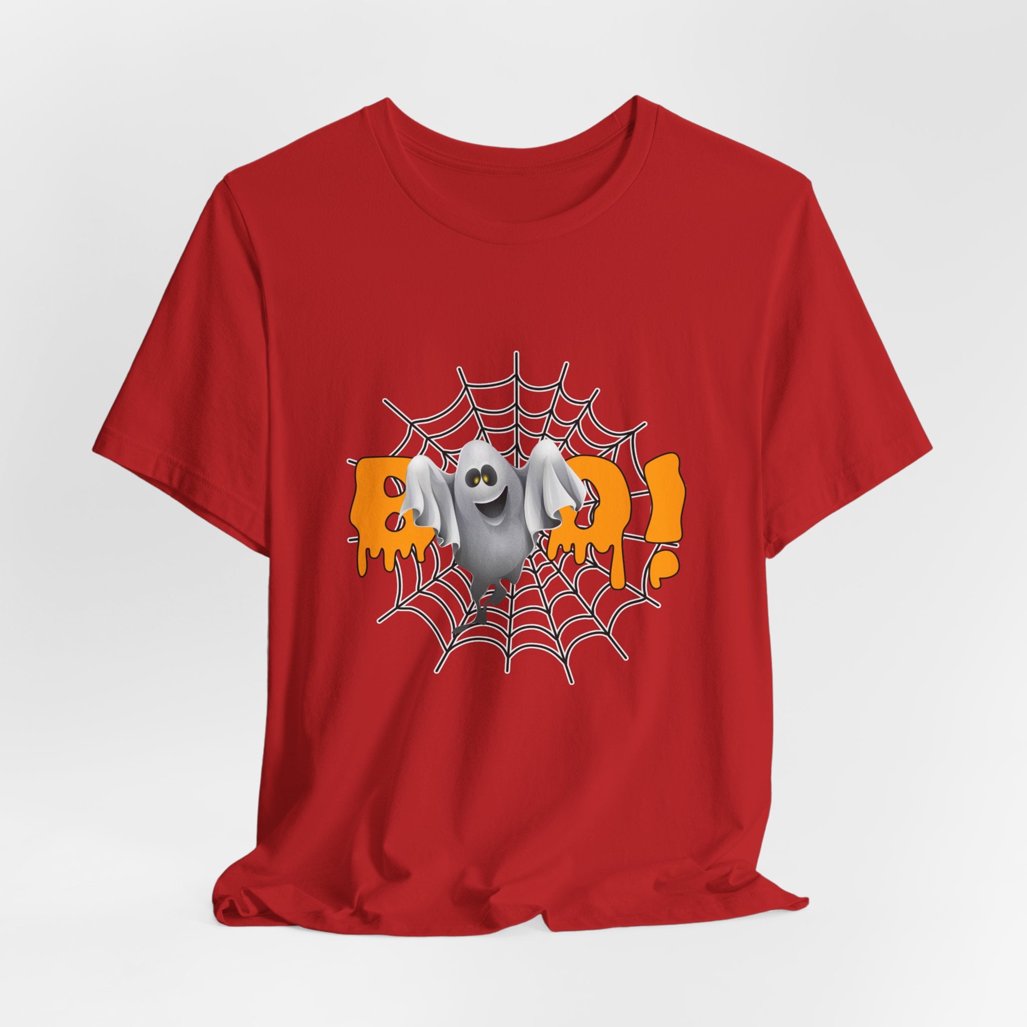 Red t-shirt with Halloween graphic of a ghost and spider web on a white background