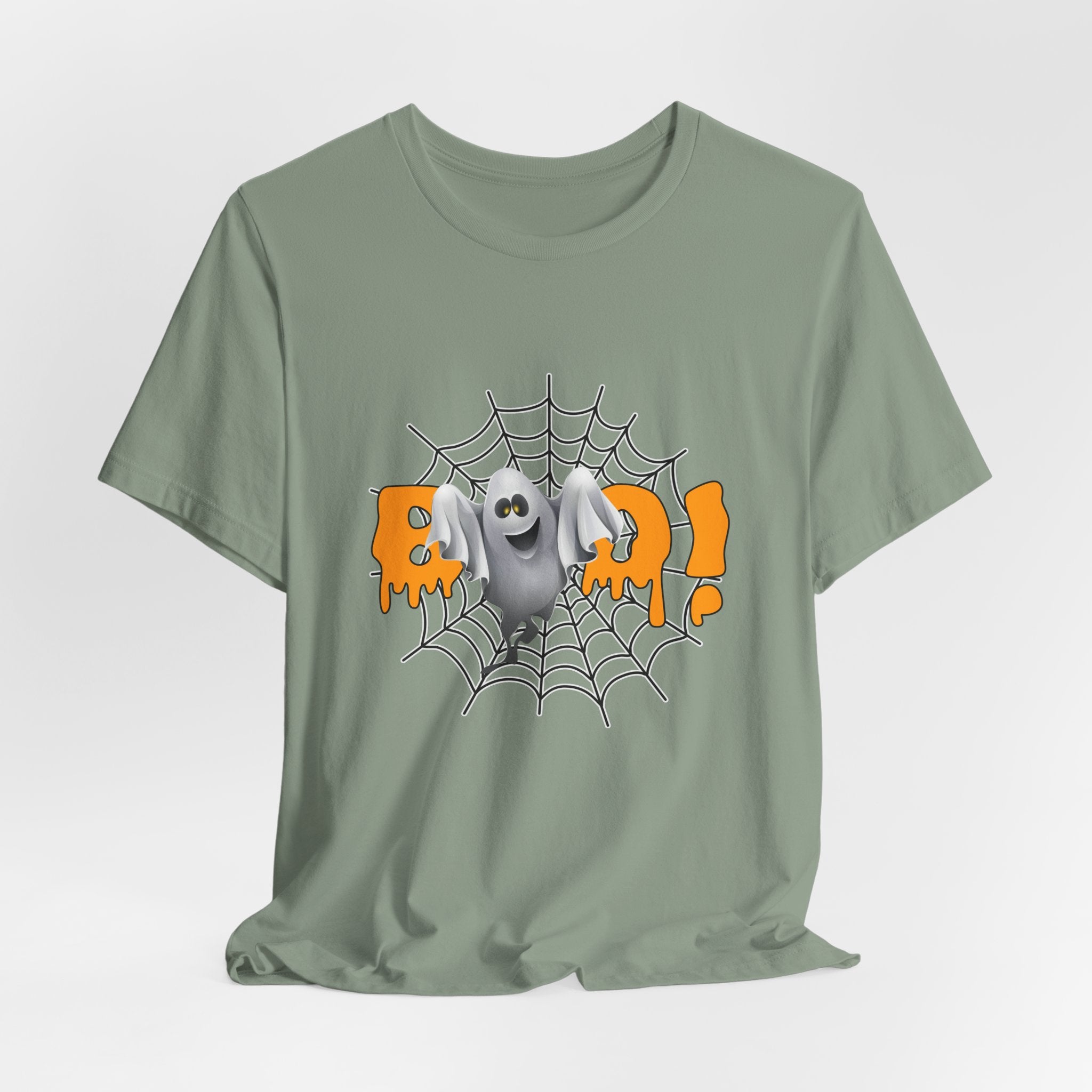 Sage green t-shirt with a ghost and spider web graphic on a white background