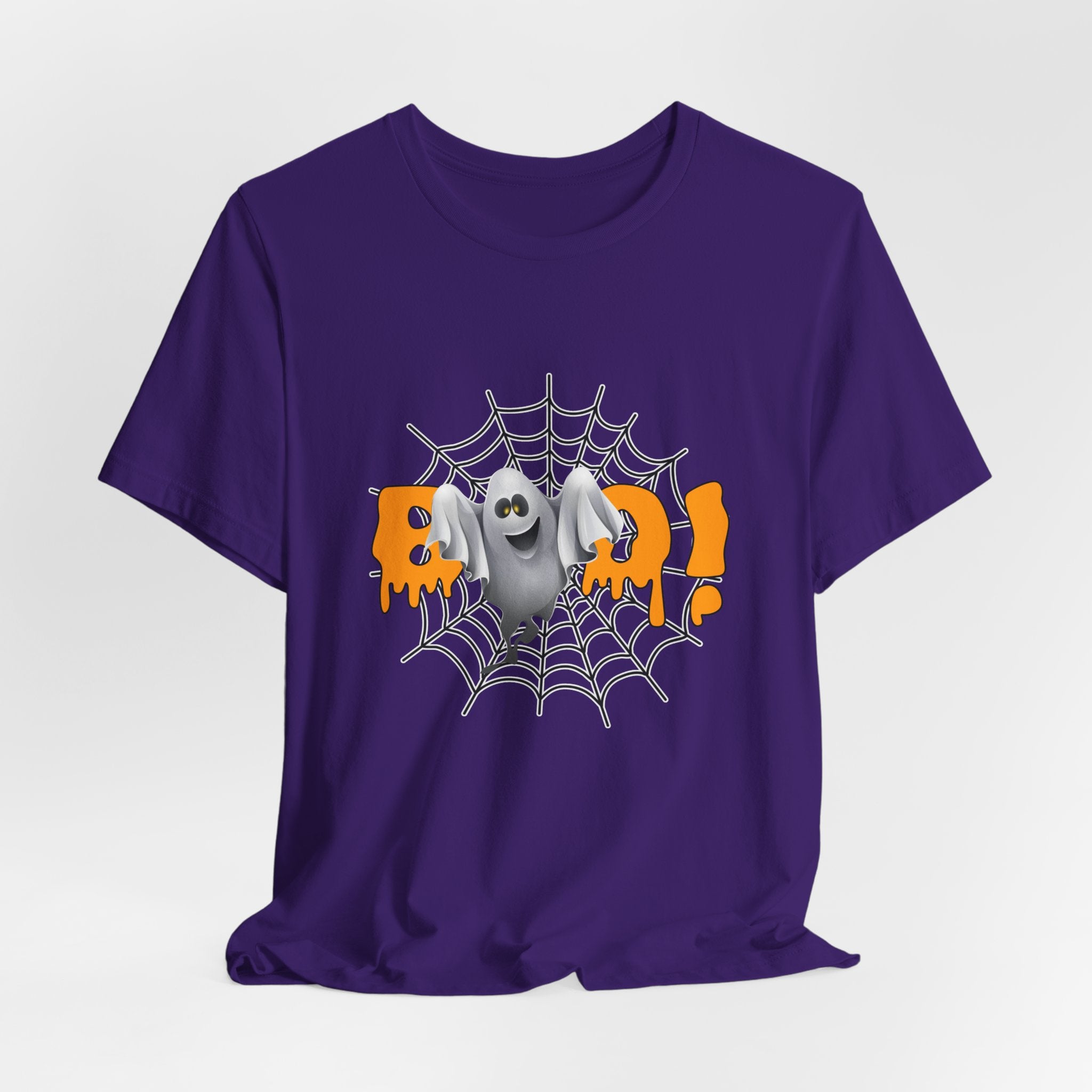 Purple t-shirt with Halloween-themed design featuring a ghost and spider web on a white background