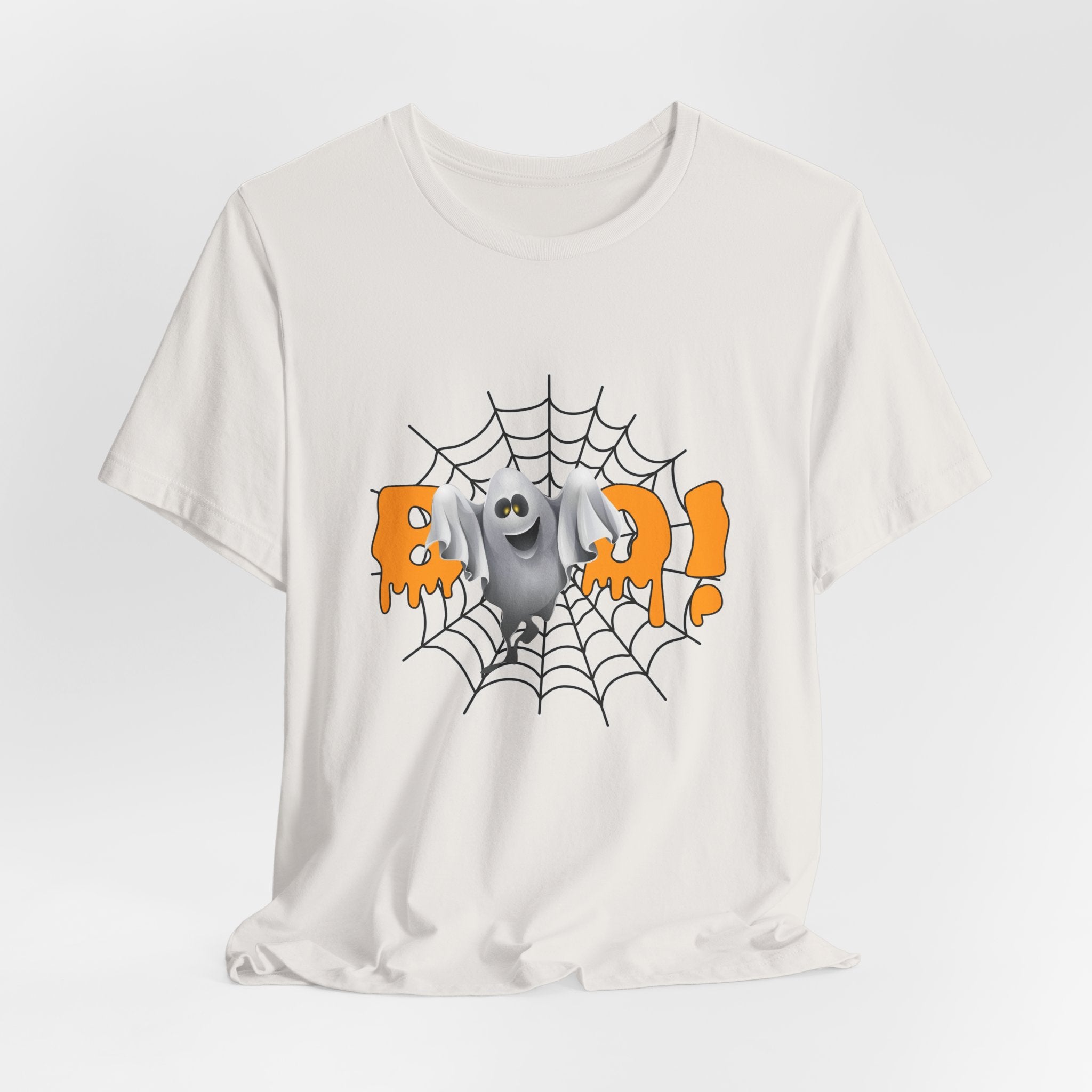 Vintage white t-shirt with Halloween-themed design featuring a ghost and spider web on a white background