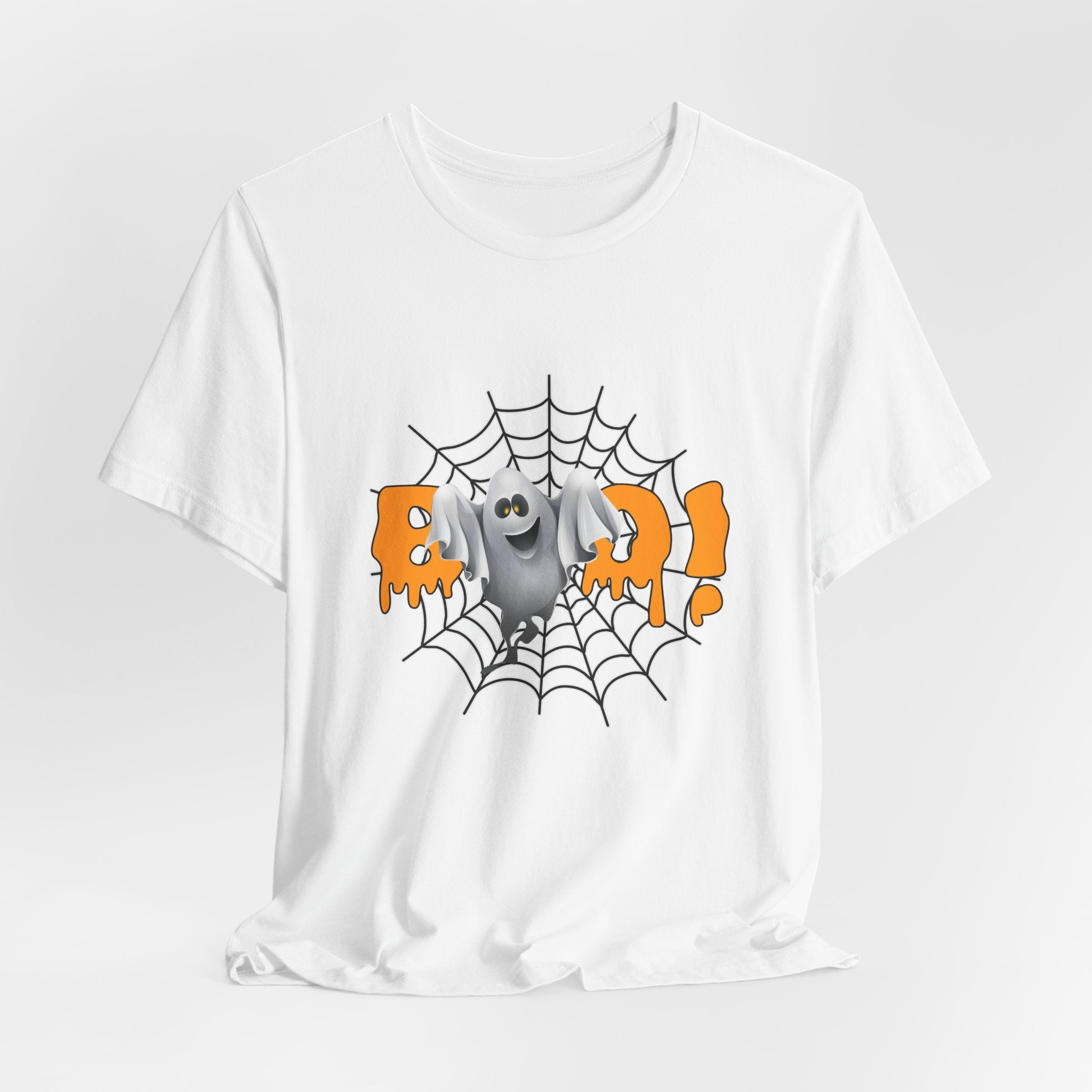 White t-shirt with a Halloween-themed graphic of a ghost on a spider web.