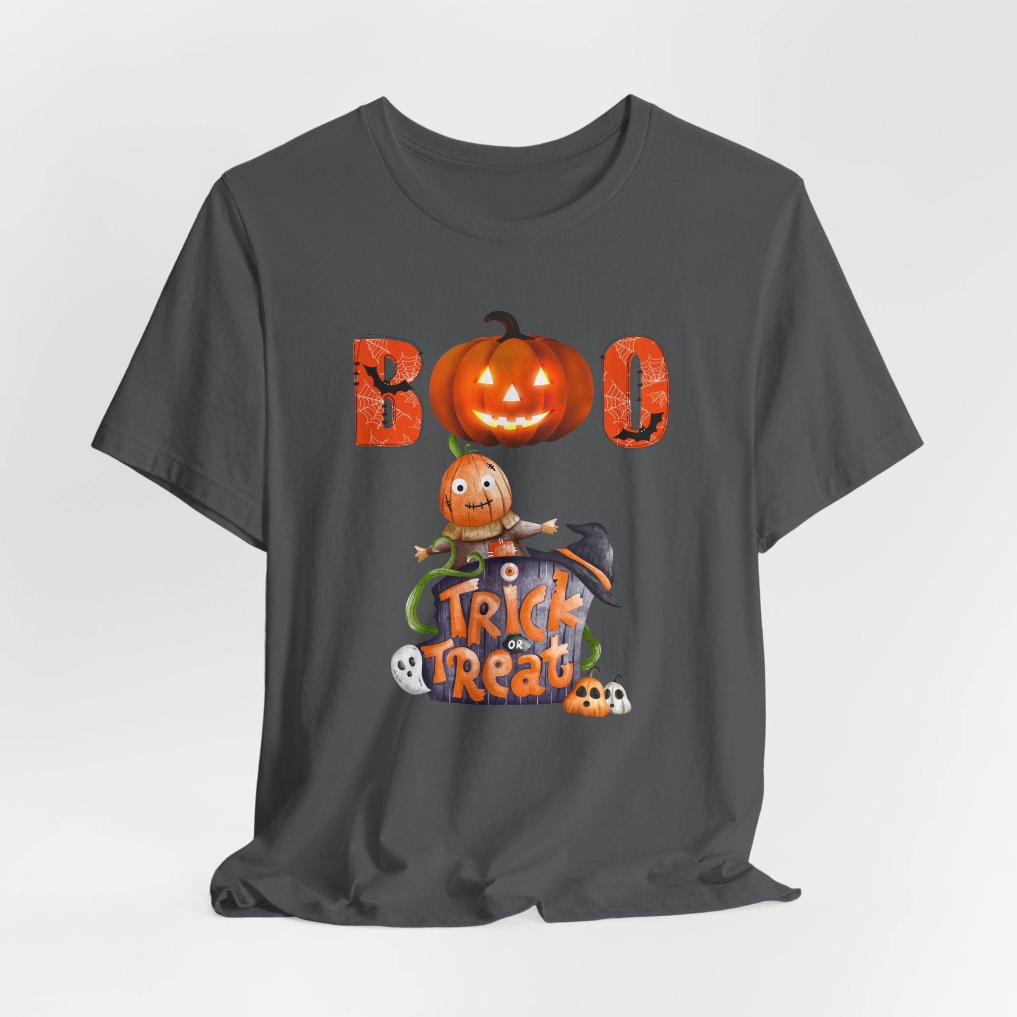 Asphalt gray t-shirt with Halloween-themed design featuring a ghost and pumpkin and boo text on a white background