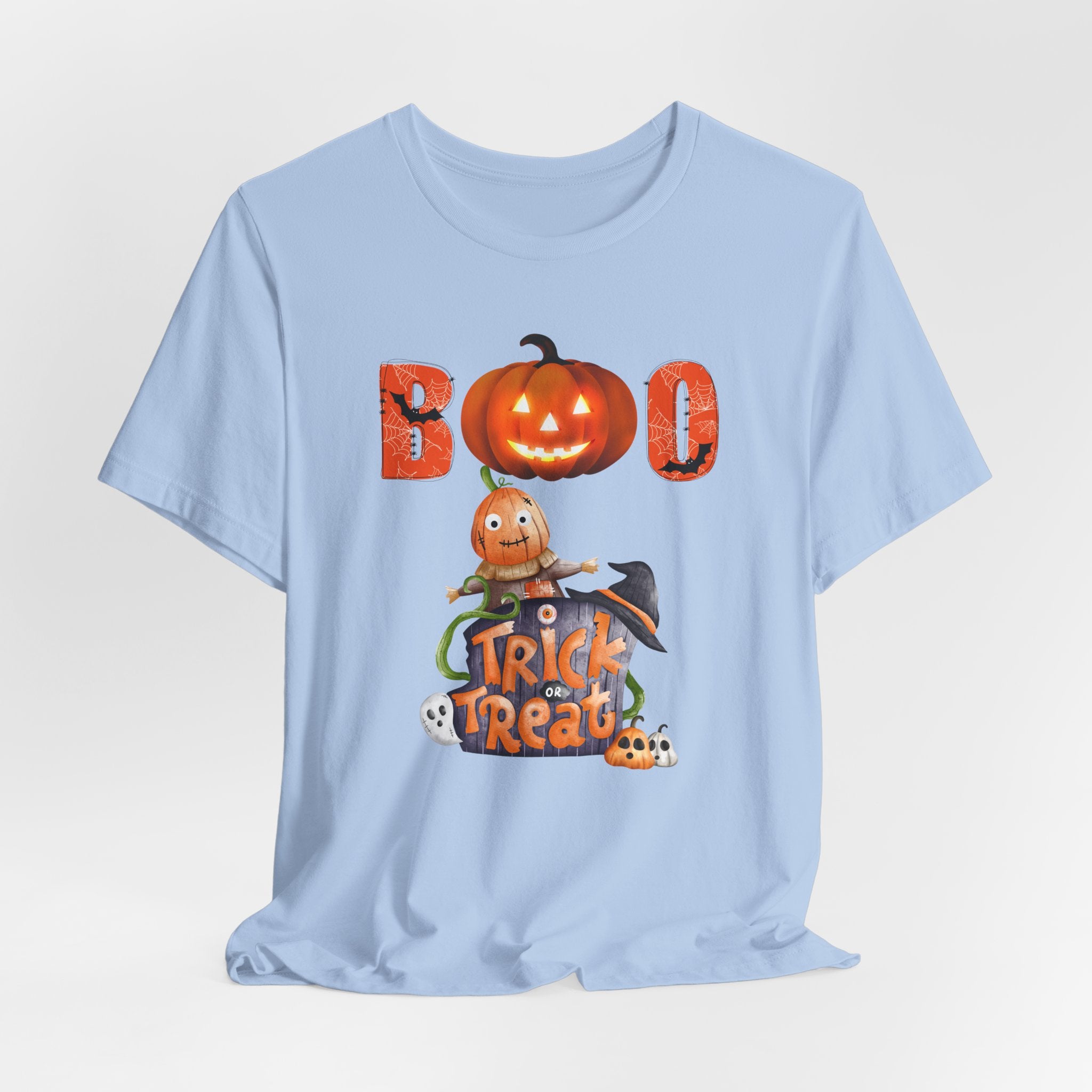Baby light blue t-shirt with Halloween-themed design featuring a ghost and pumpkin and boo text on a white background