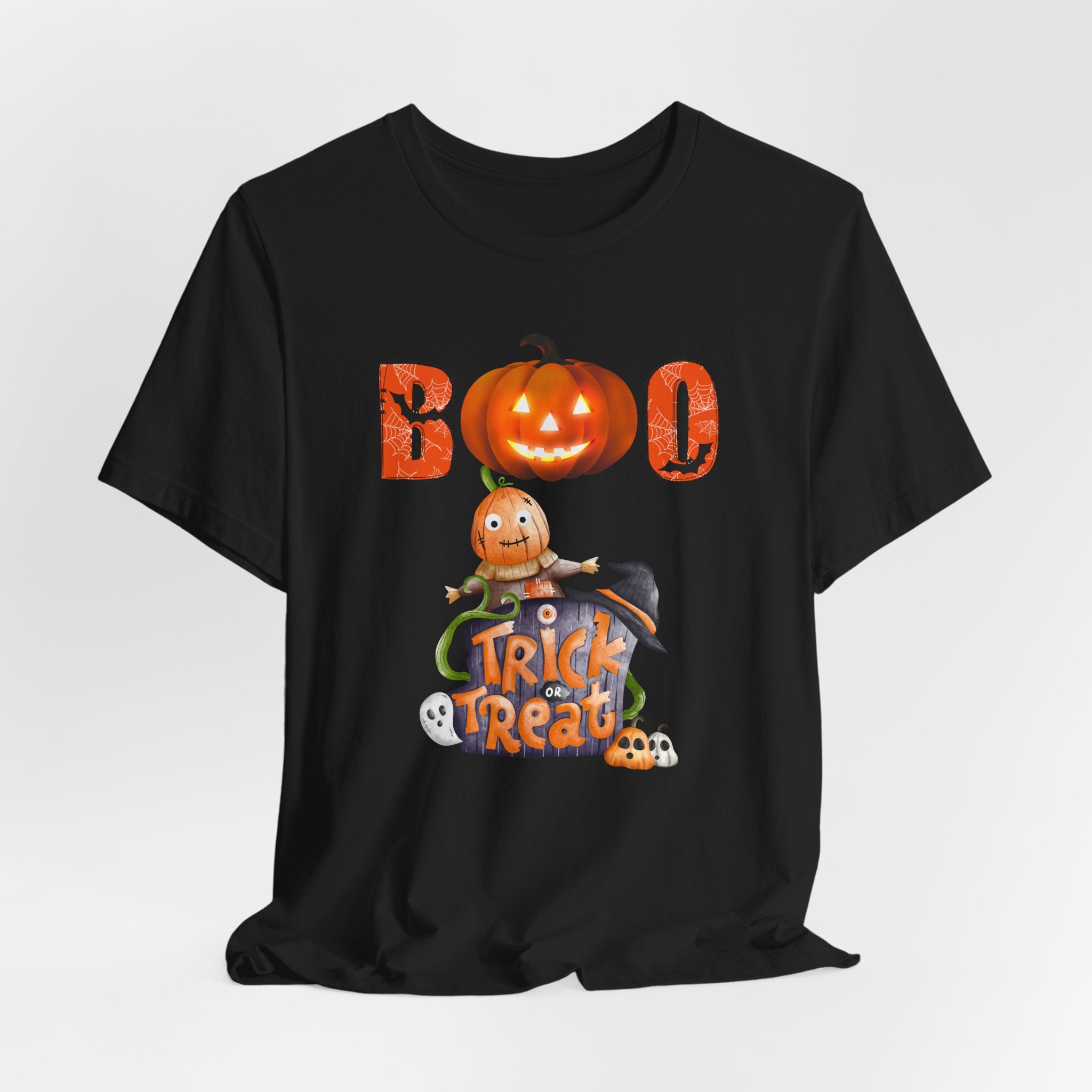 Black t-shirt with Halloween-themed design featuring a ghost and pumpkin and boo text on a white background