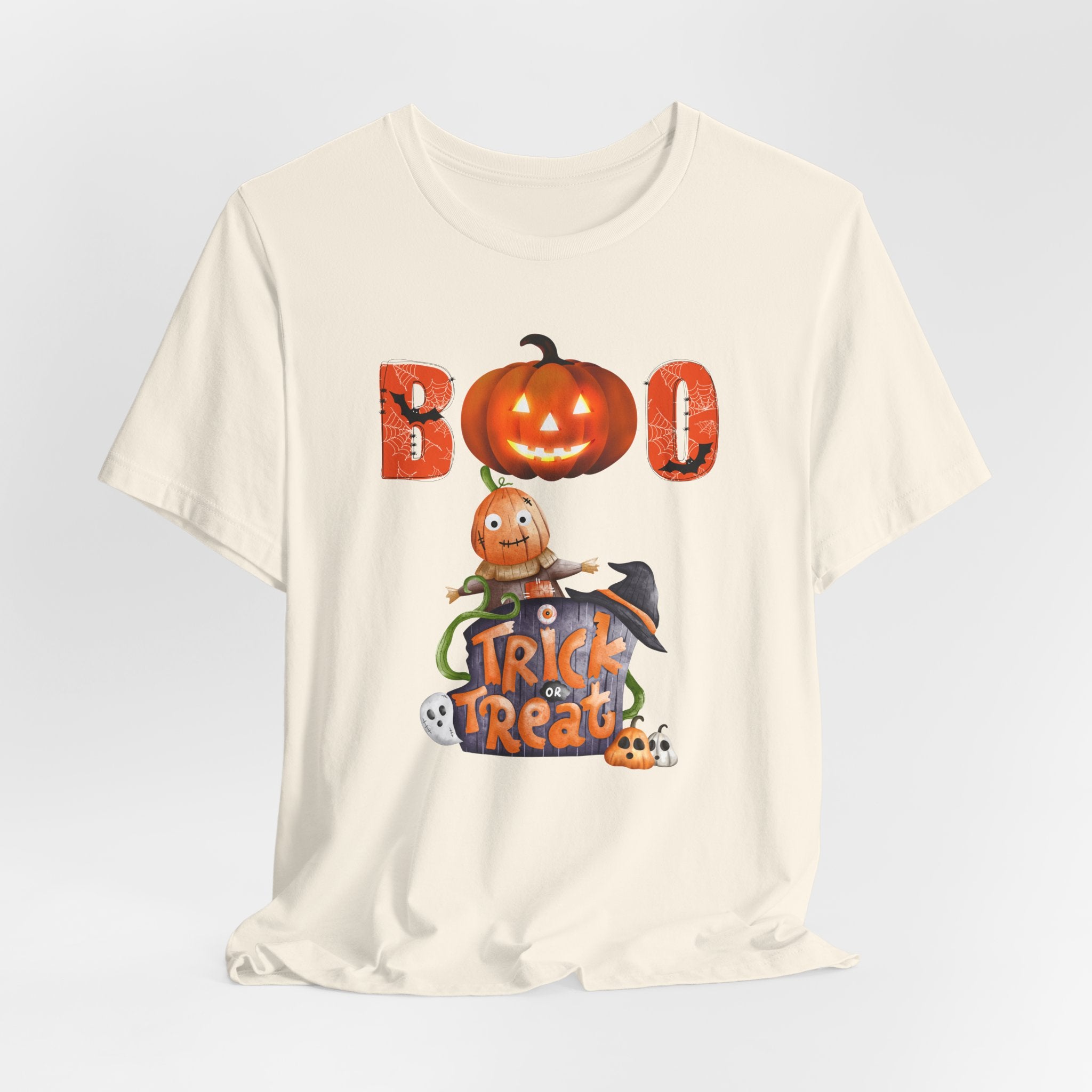 Ivor beige t-shirt with Halloween-themed design featuring a ghost and pumpkin and boo text on a white background
