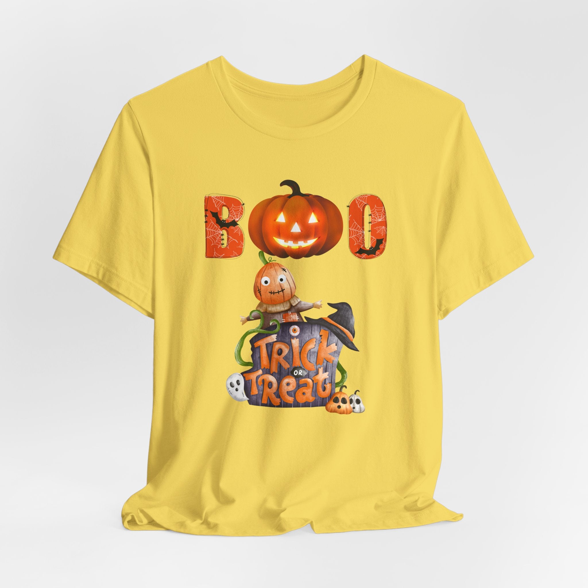 Maze yellow t-shirt with Halloween-themed design featuring a ghost and pumpkin and boo text on a white background