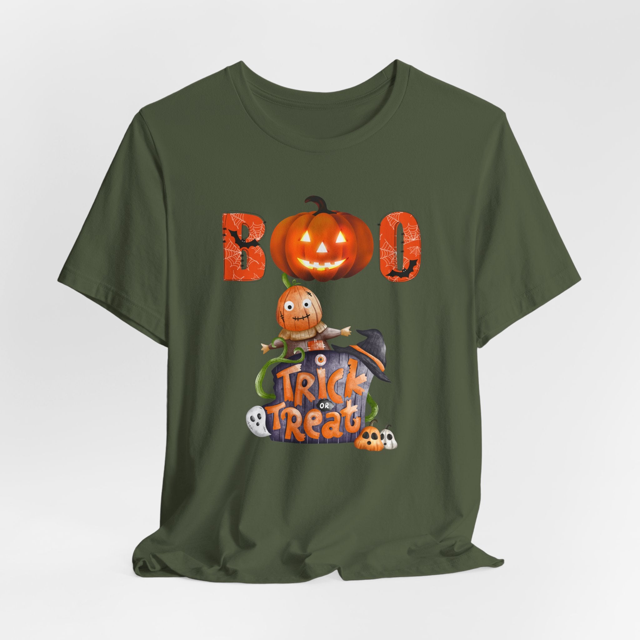 Military green t-shirt with Halloween-themed design featuring a ghost and pumpkin and boo text on a white background