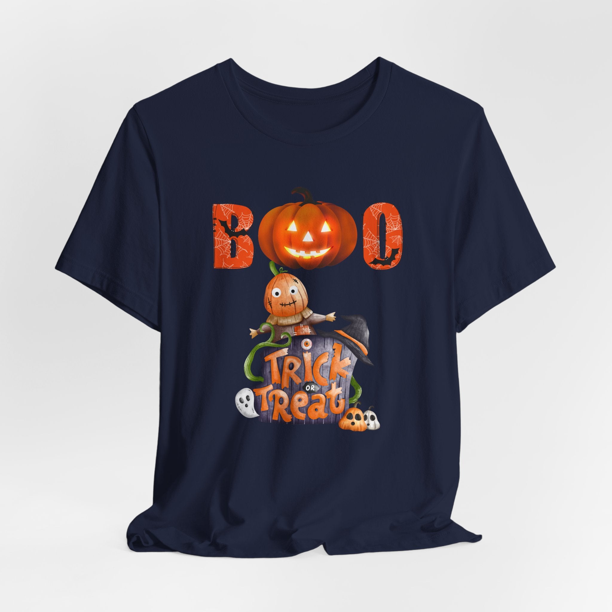 Navy blue t-shirt with Halloween-themed design featuring a ghost and pumpkin and boo text on a white background