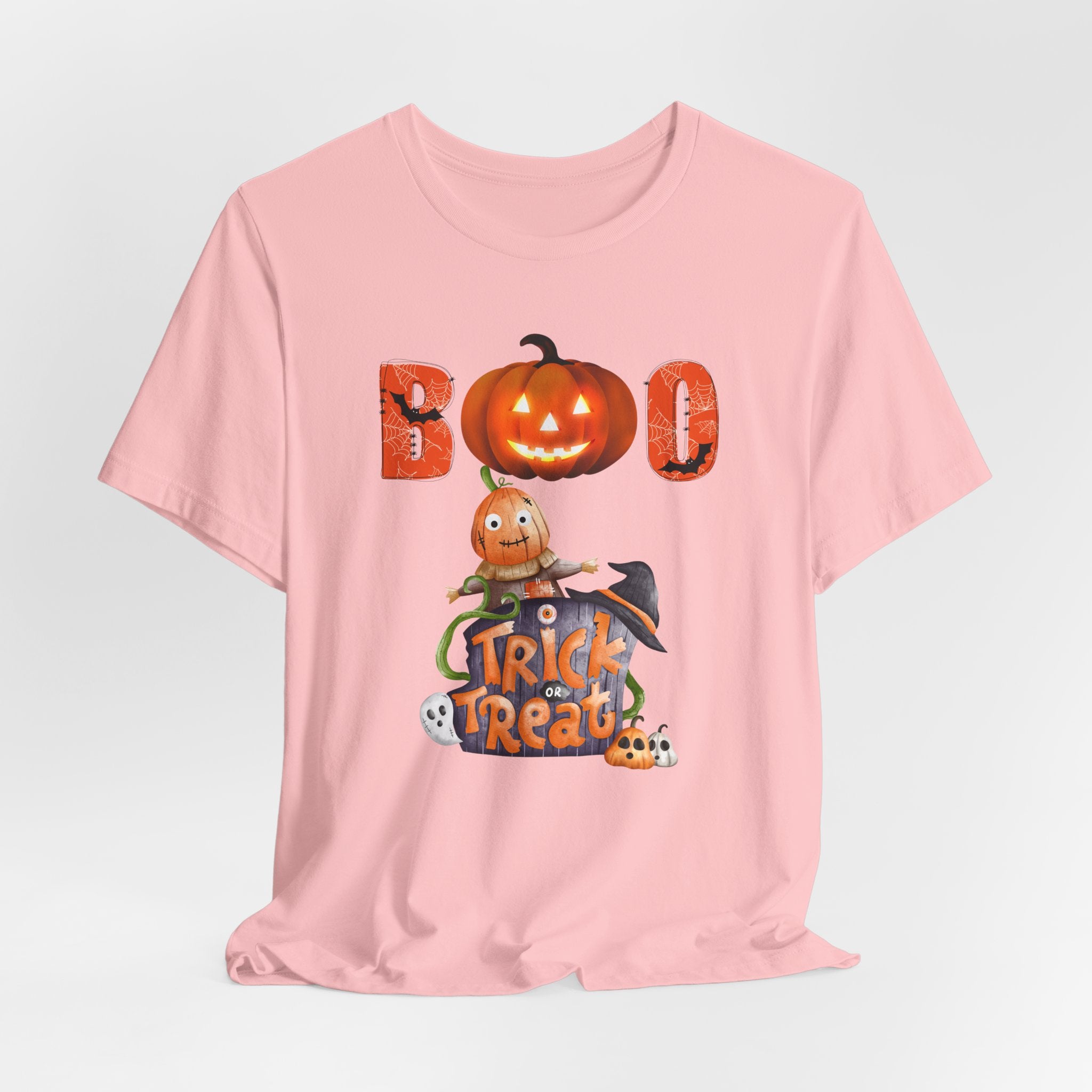 Orchid pink t-shirt with Halloween-themed design featuring a ghost and pumpkin and boo text on a white background