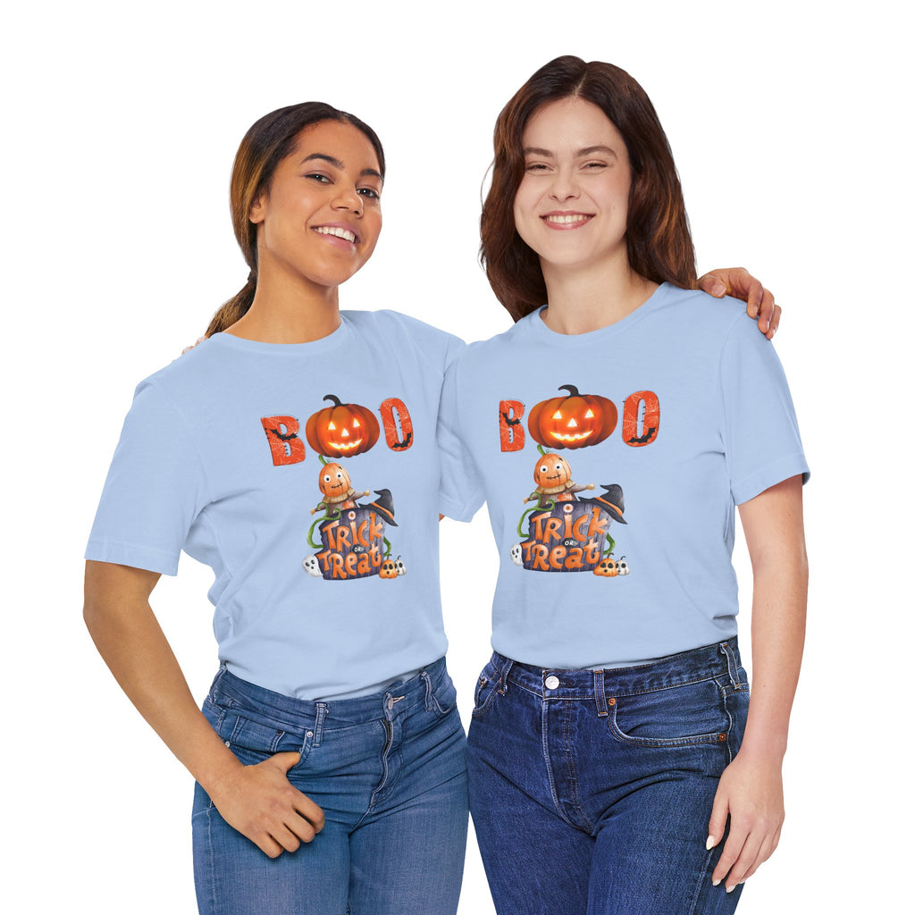 Two people wearing light blue t-shirts with Halloween-themed designs on a white background