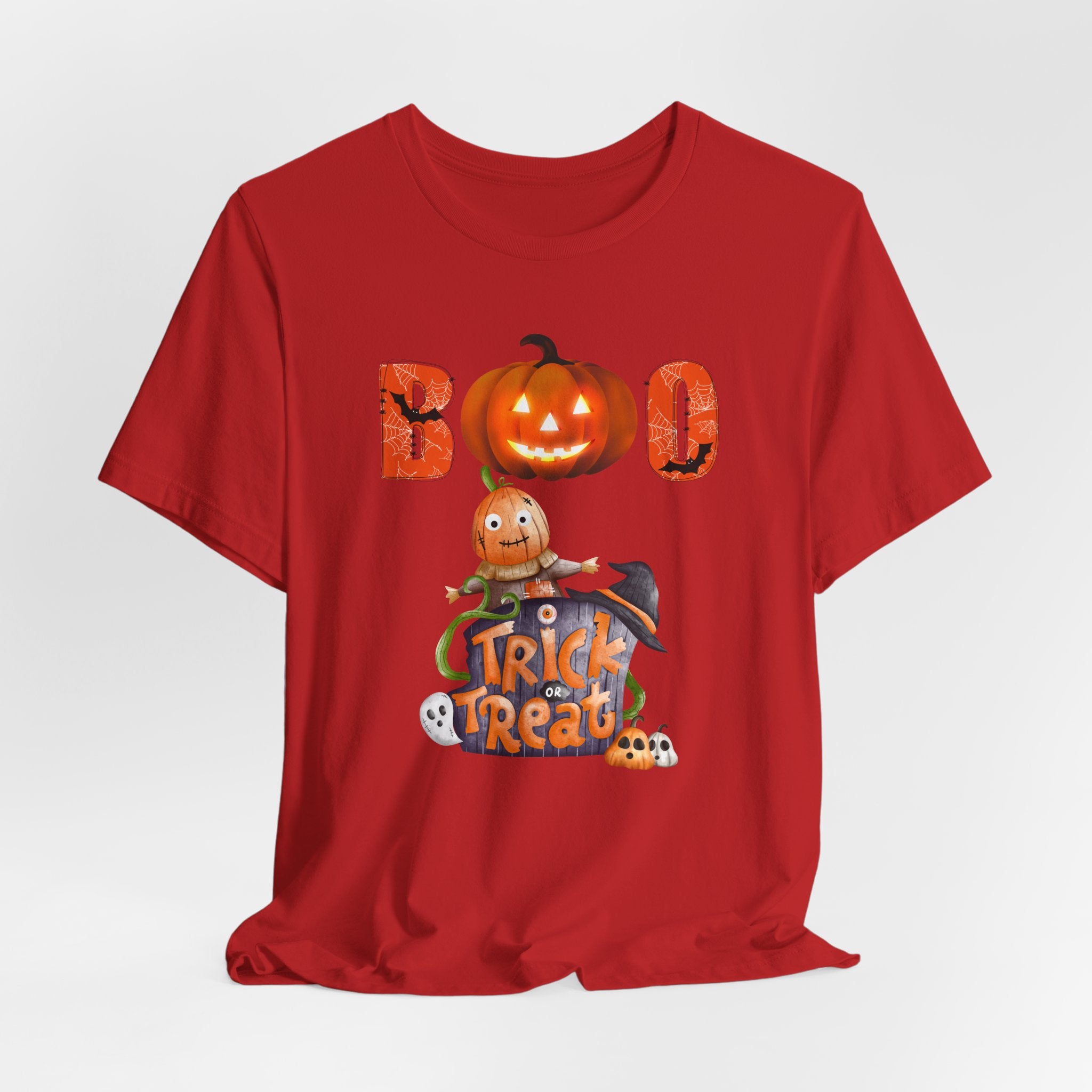 Red t-shirt with Halloween-themed design featuring a ghost and pumpkin and boo text on a white background
