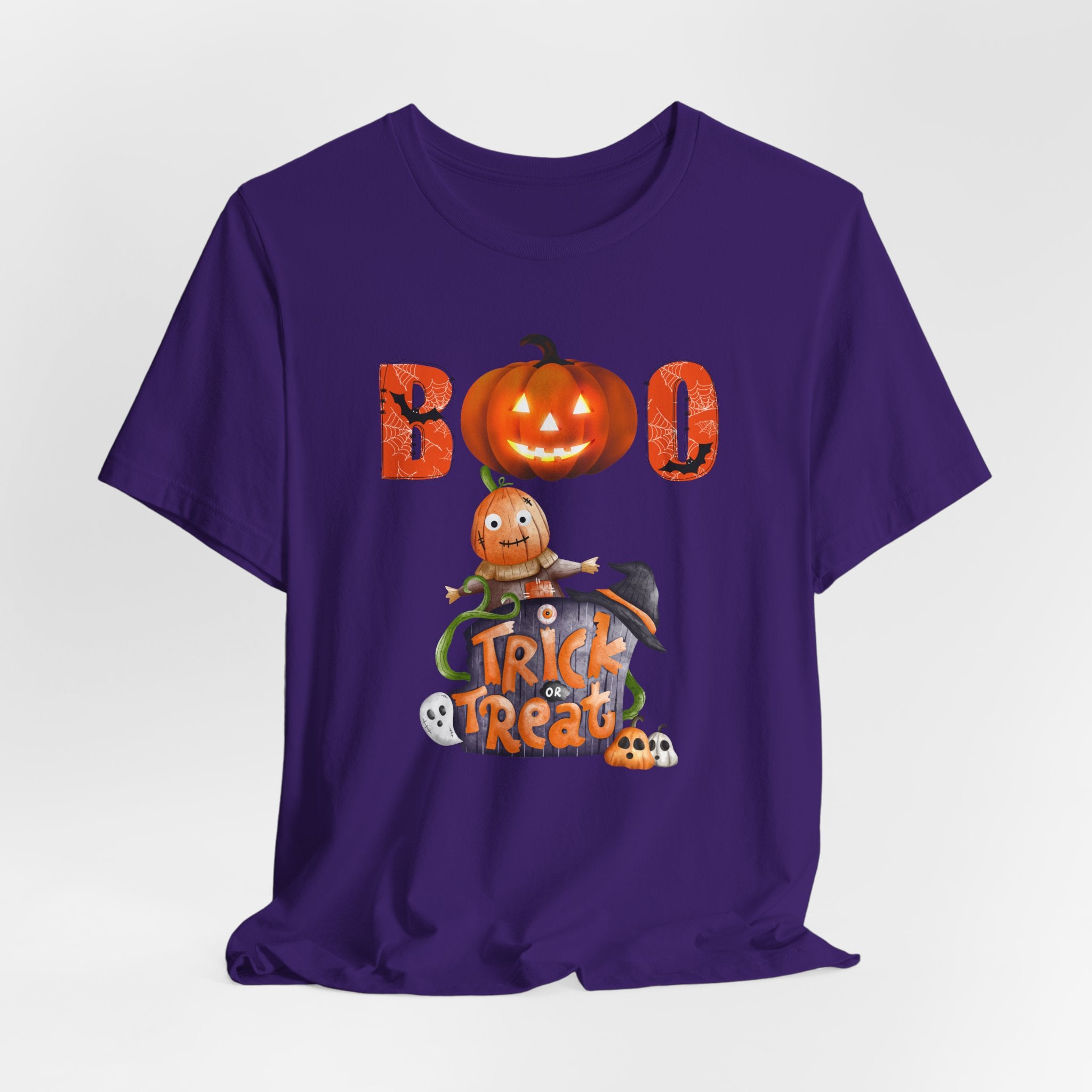 Team purple t-shirt with Halloween-themed design featuring a ghost and pumpkin and boo text on a white background