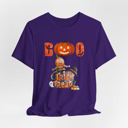 Team purple t-shirt with Halloween-themed design featuring a ghost and pumpkin and boo text on a white background