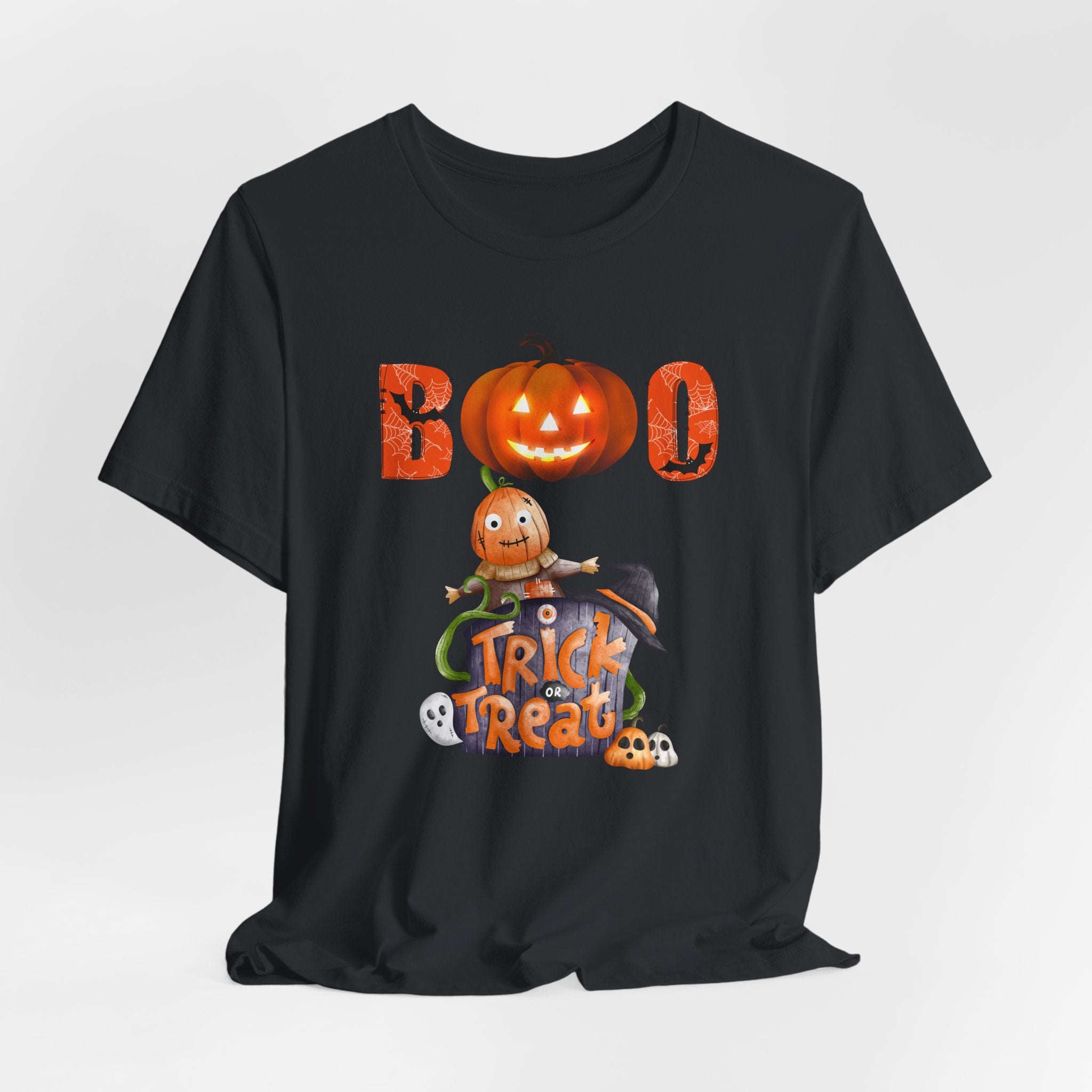 Vintage black t-shirt with Halloween-themed design featuring a ghost and pumpkin and boo text on a white background