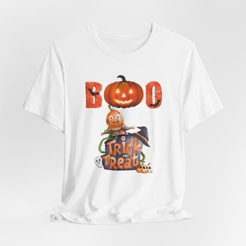 White t-shirt t-shirt with Halloween-themed design featuring a ghost and pumpkin and boo text on a white background