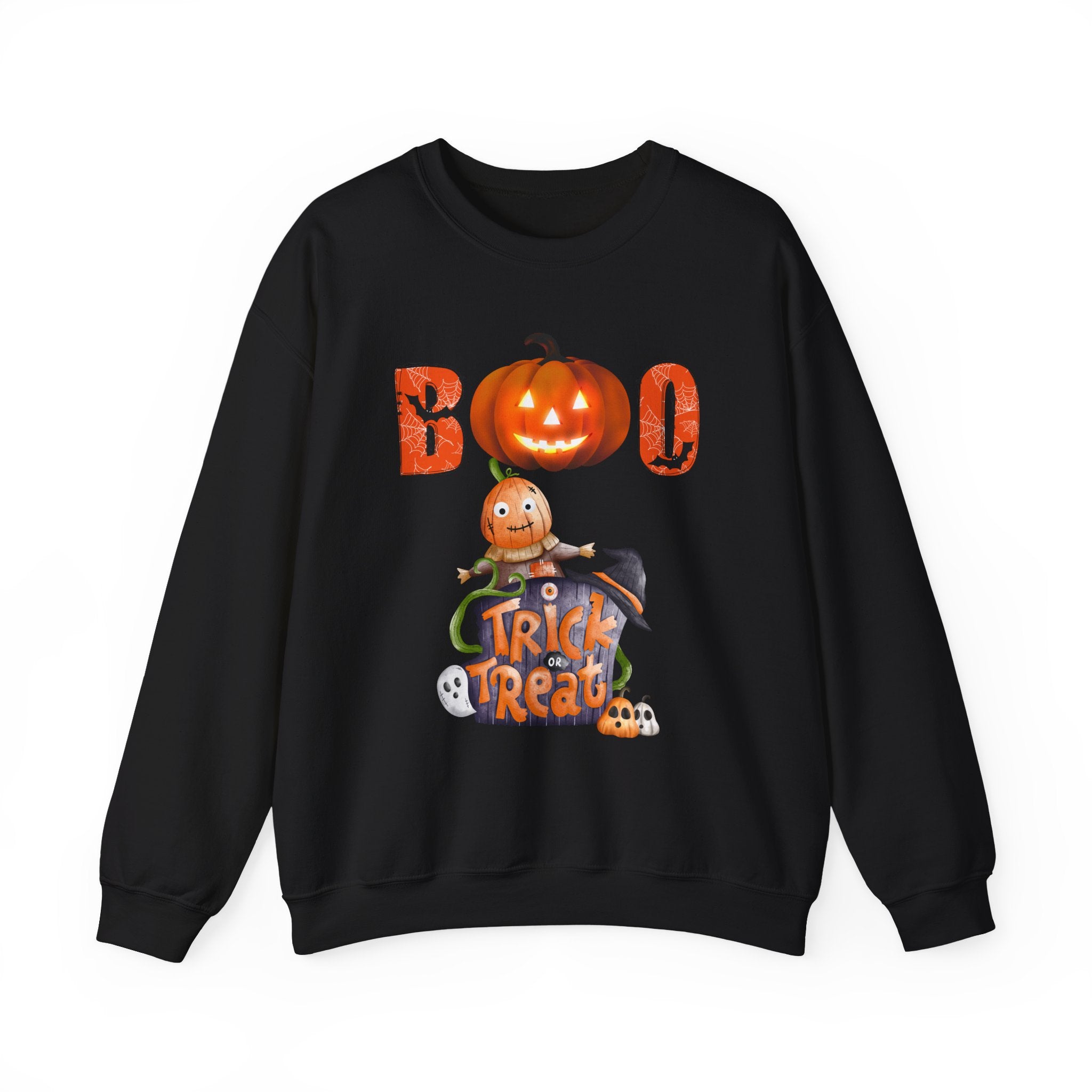Black Halloween-themed sweatshirt with pumpkins and text on a white background