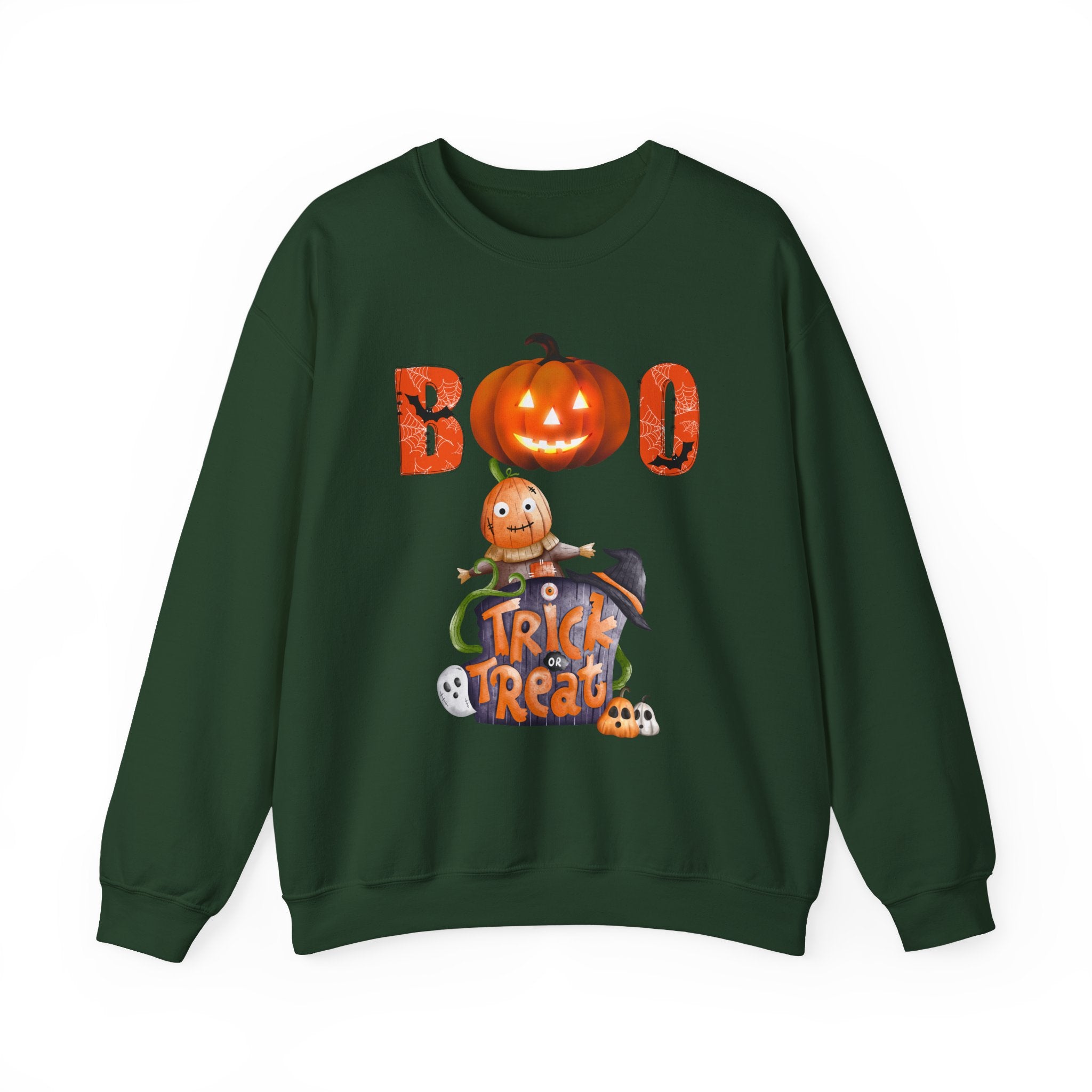 Forest green sweatshirt with Halloween-themed design featuring pumpkins and text on a white background