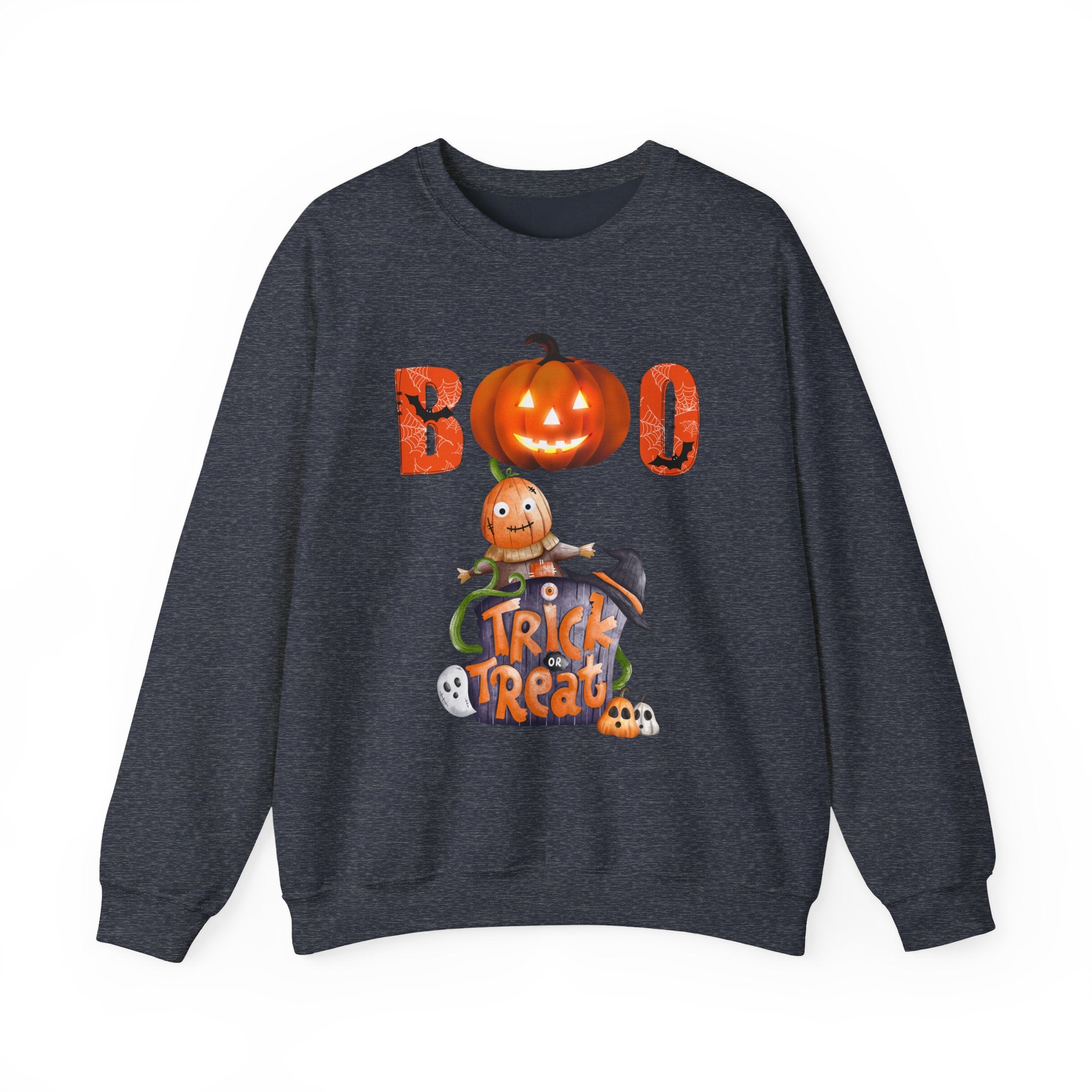 Heather sport dark navy halloween-themed sweatshirt with pumpkins and text on a white background