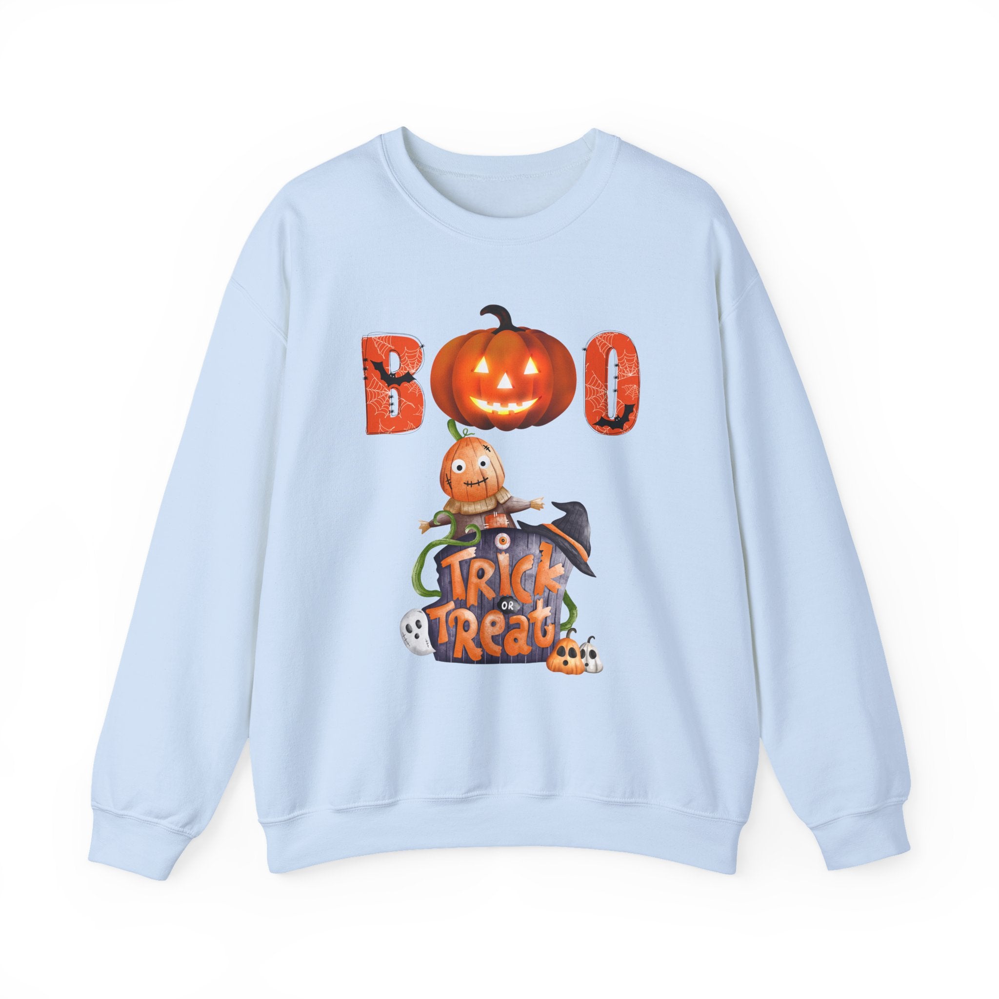 Light blue sweatshirt with Halloween-themed design featuring pumpkins and text on a white background