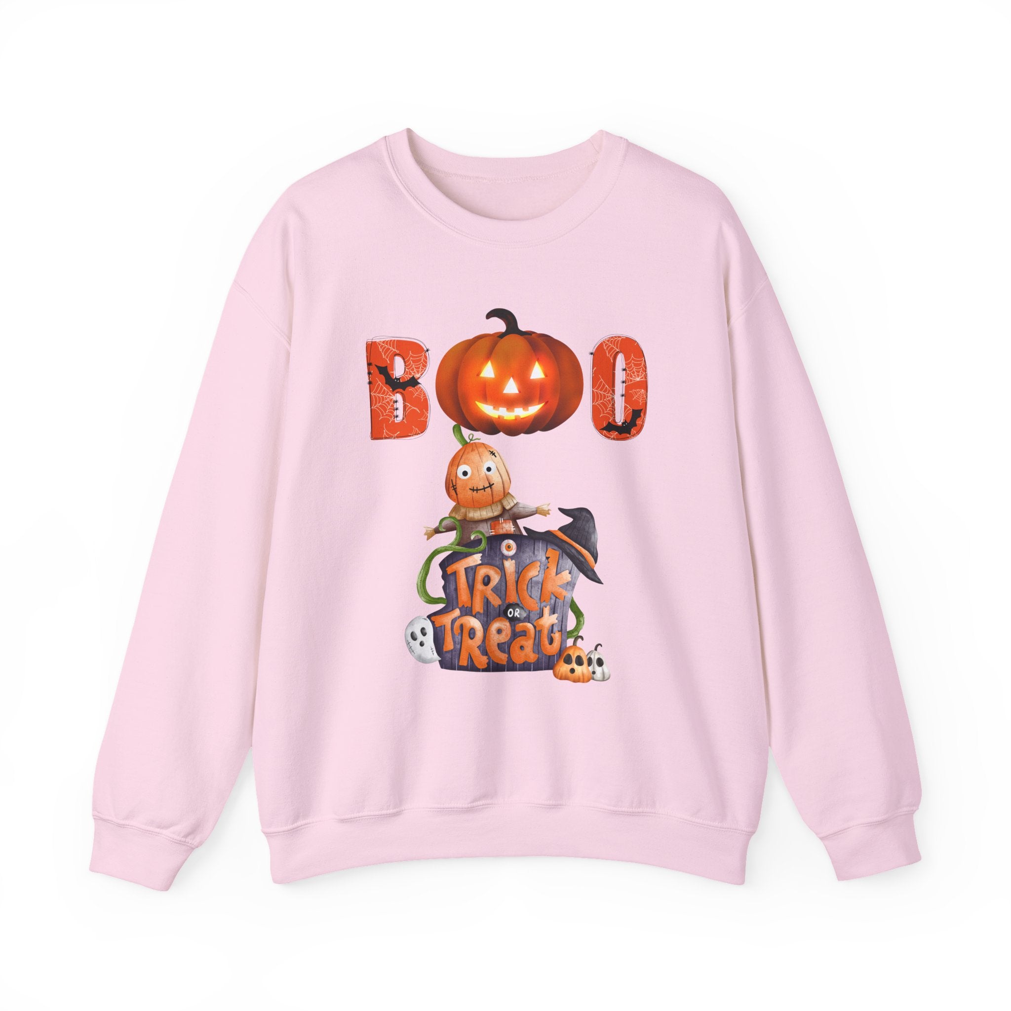 Pink sweatshirt with Halloween-themed design featuring pumpkins and text on a white background