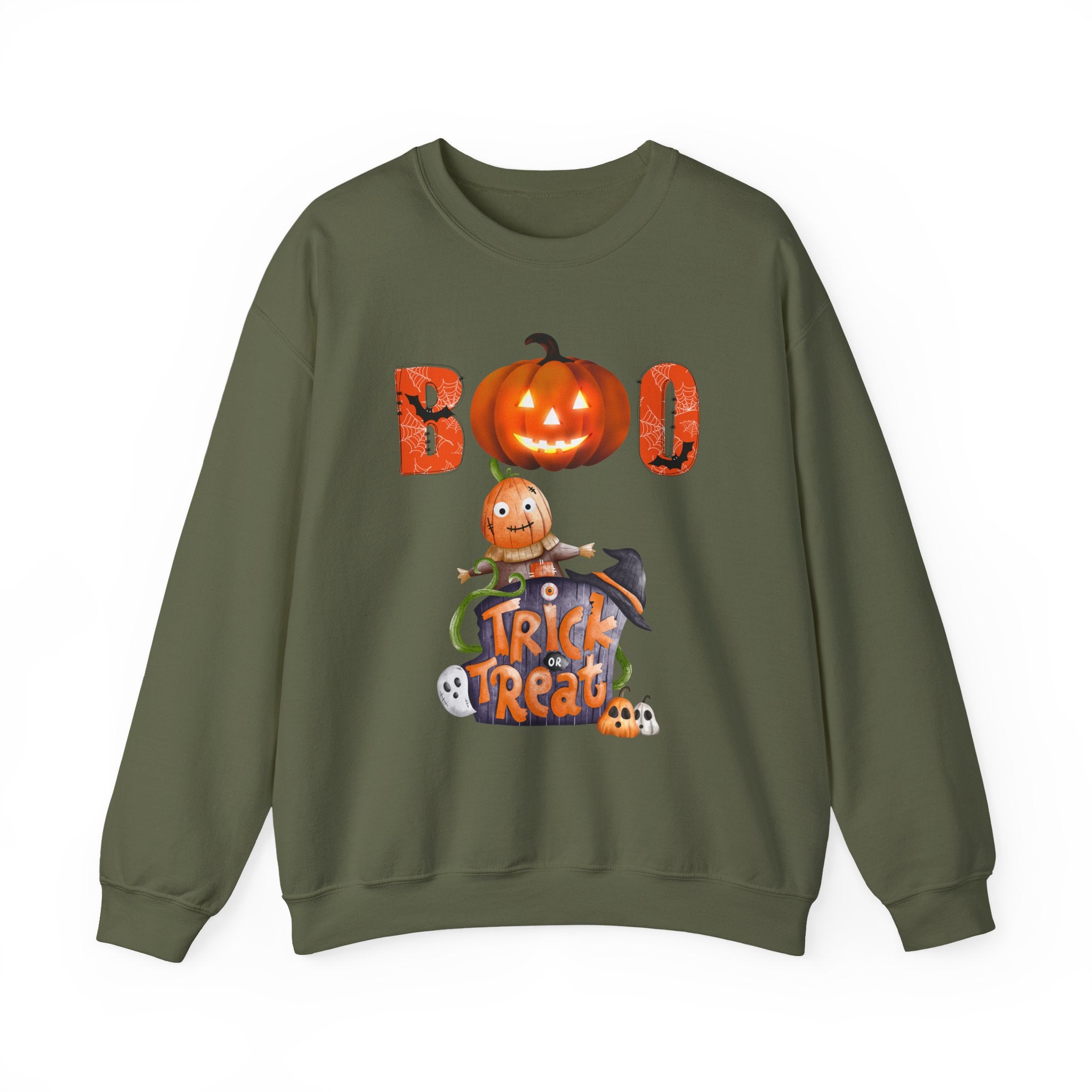 Military green sweatshirt with Halloween-themed design featuring pumpkins and text on a white background