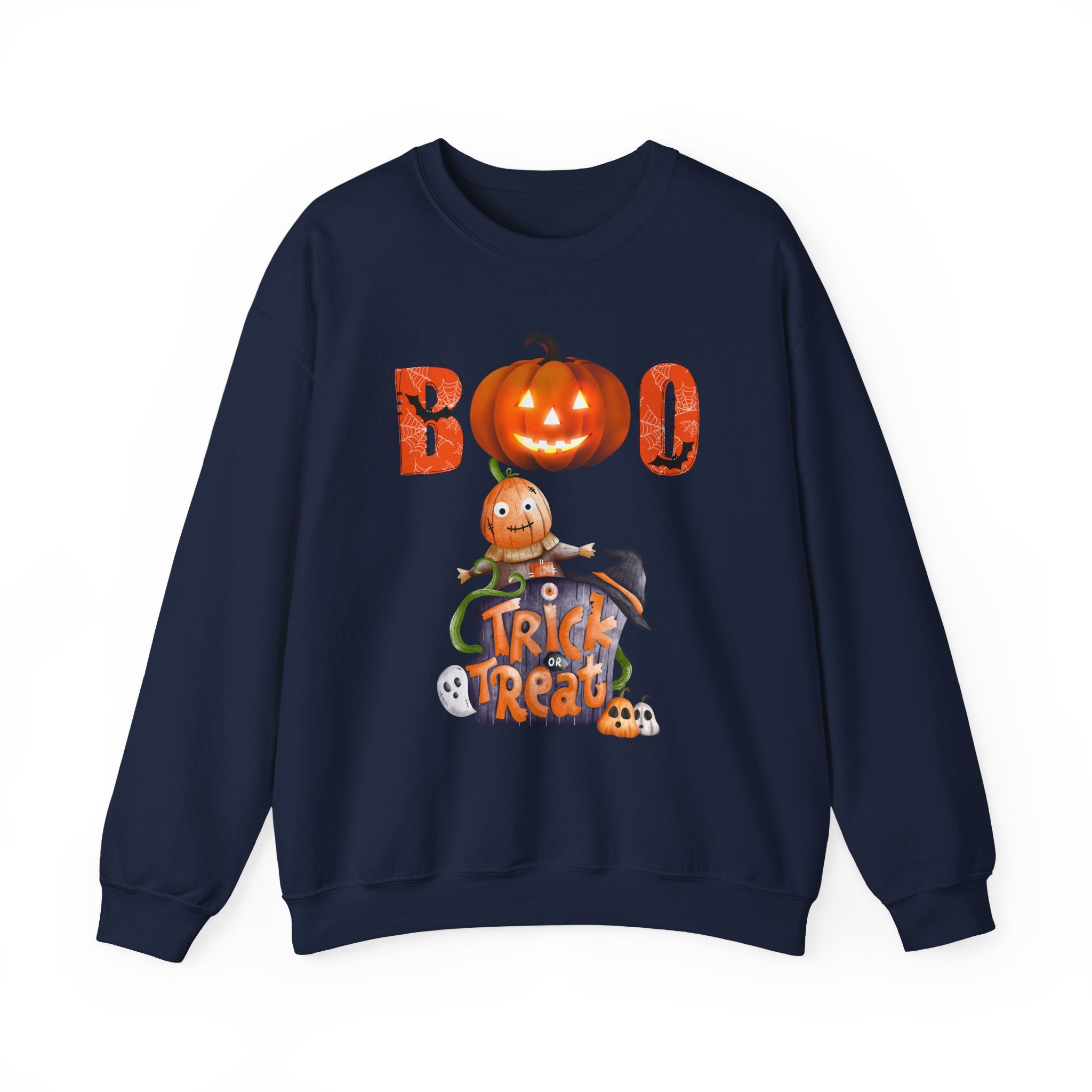 Navy blue sweatshirt with Halloween-themed design featuring pumpkins and text on a white background.