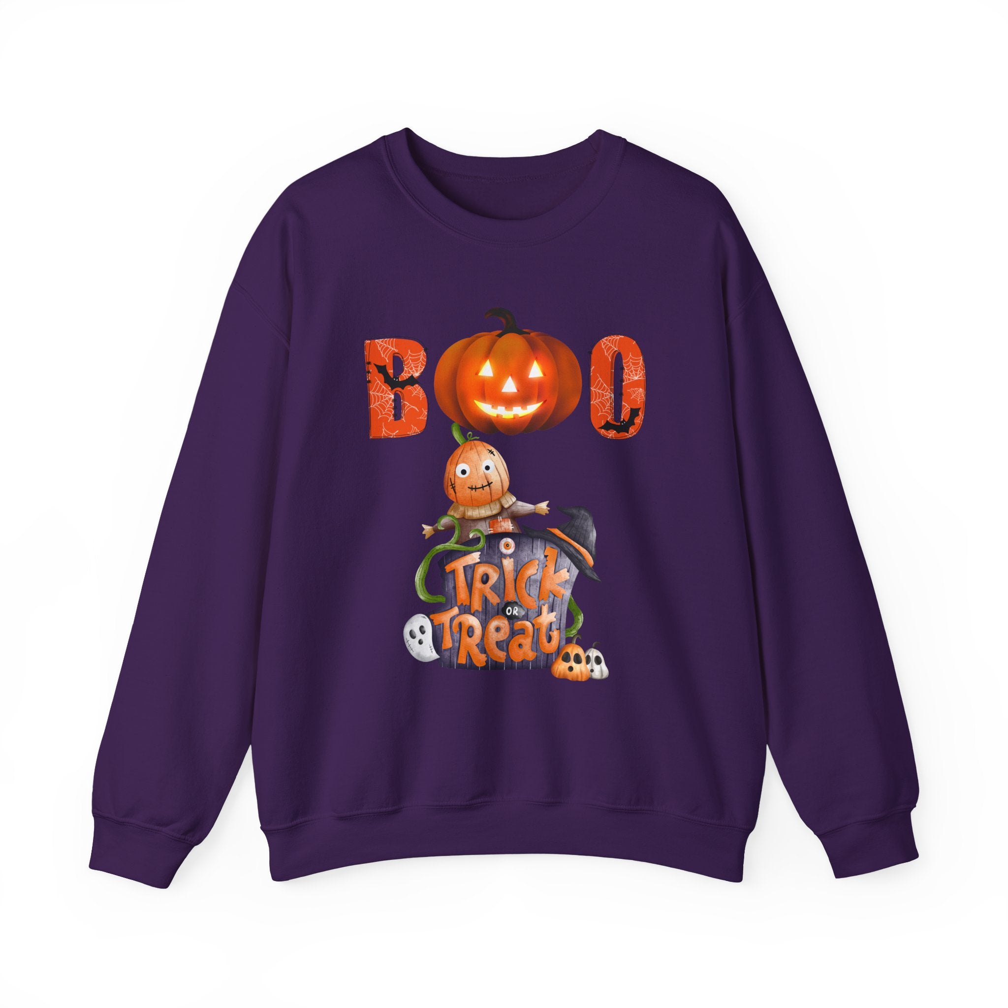Purple sweatshirt with Halloween-themed design featuring pumpkins and text on a white background