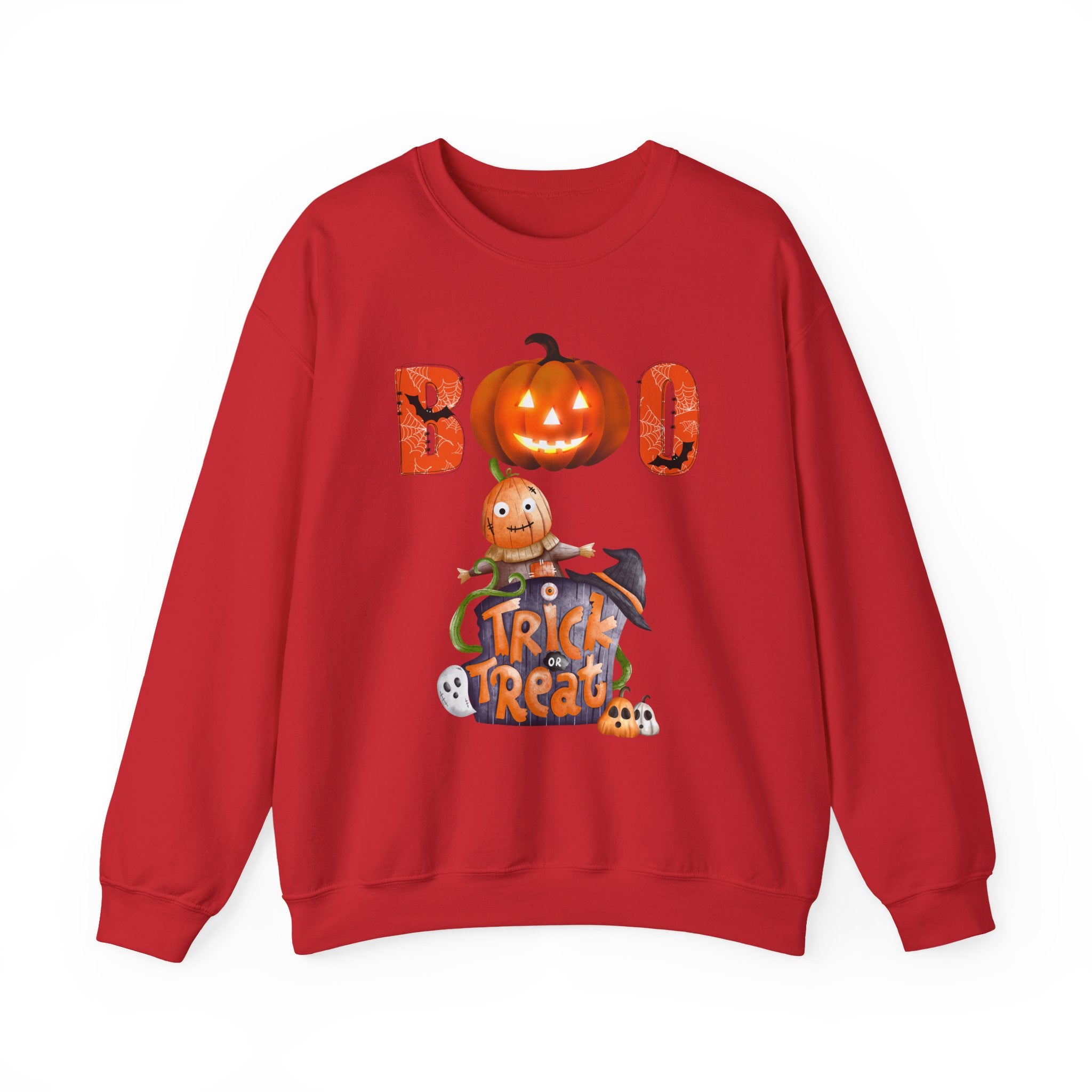 Red sweatshirt with Halloween-themed design featuring pumpkins and text on a white background