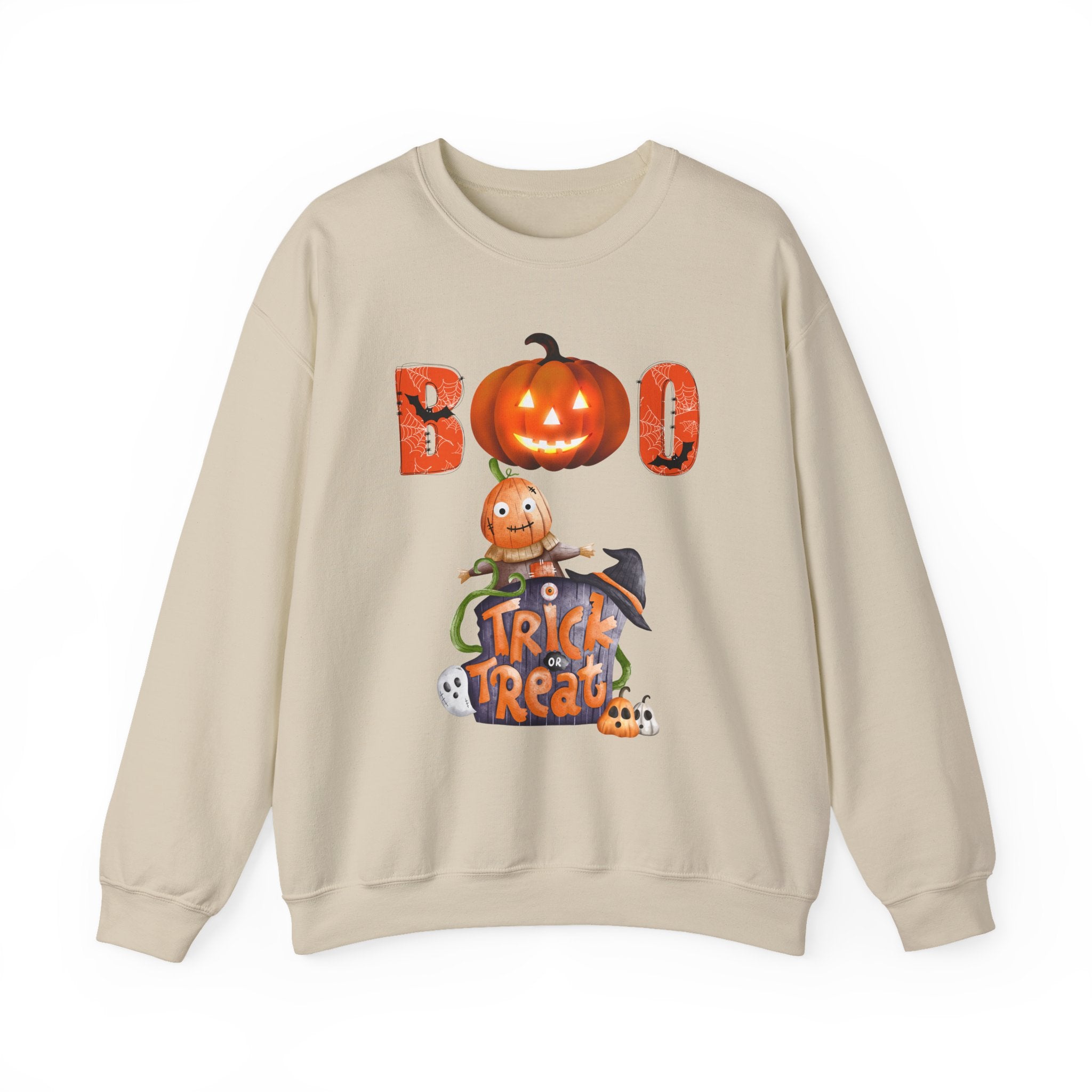 Beige sweatshirt with Halloween-themed design featuring pumpkins and text on a white background