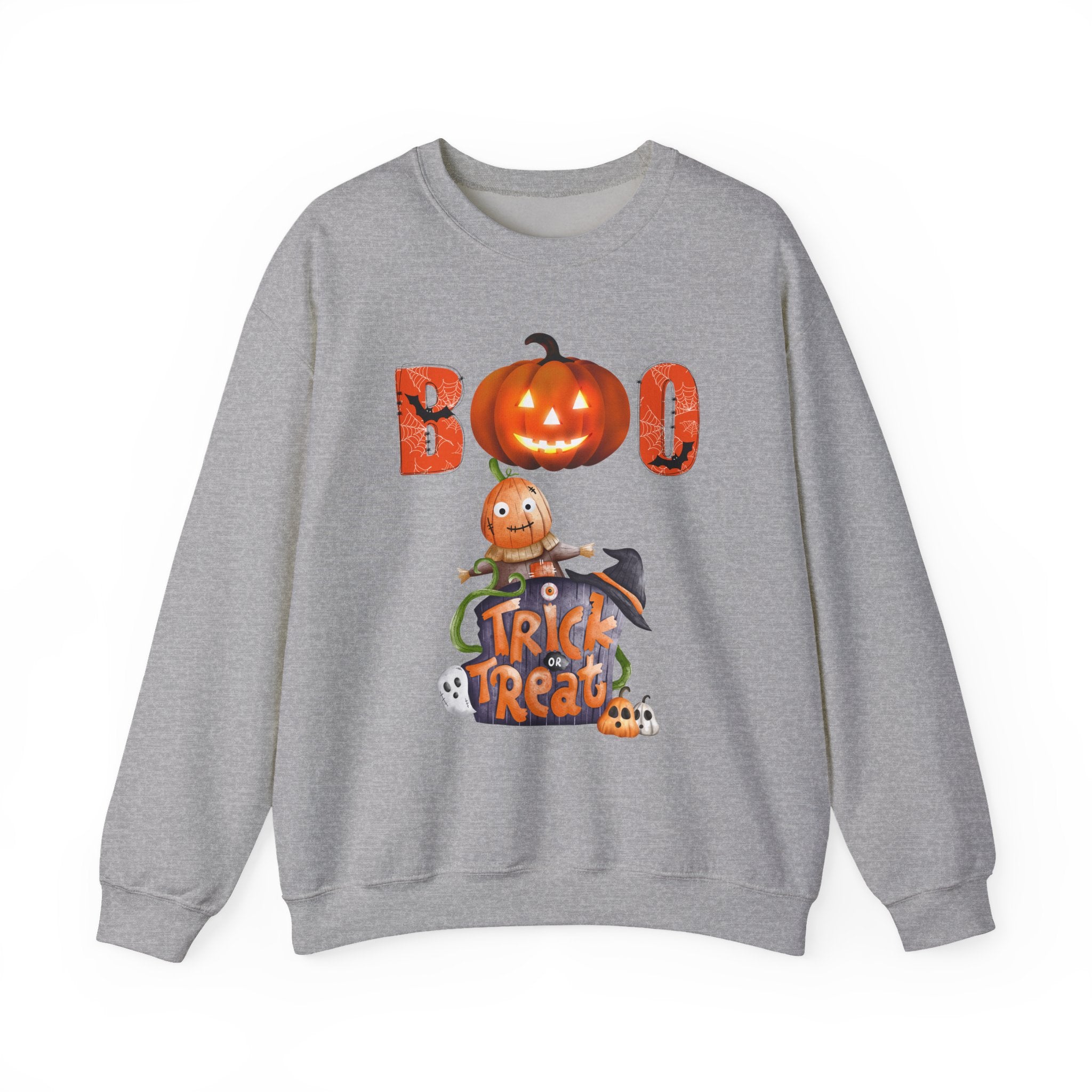 Gray sweatshirt with Halloween-themed design featuring pumpkins and text on a white background