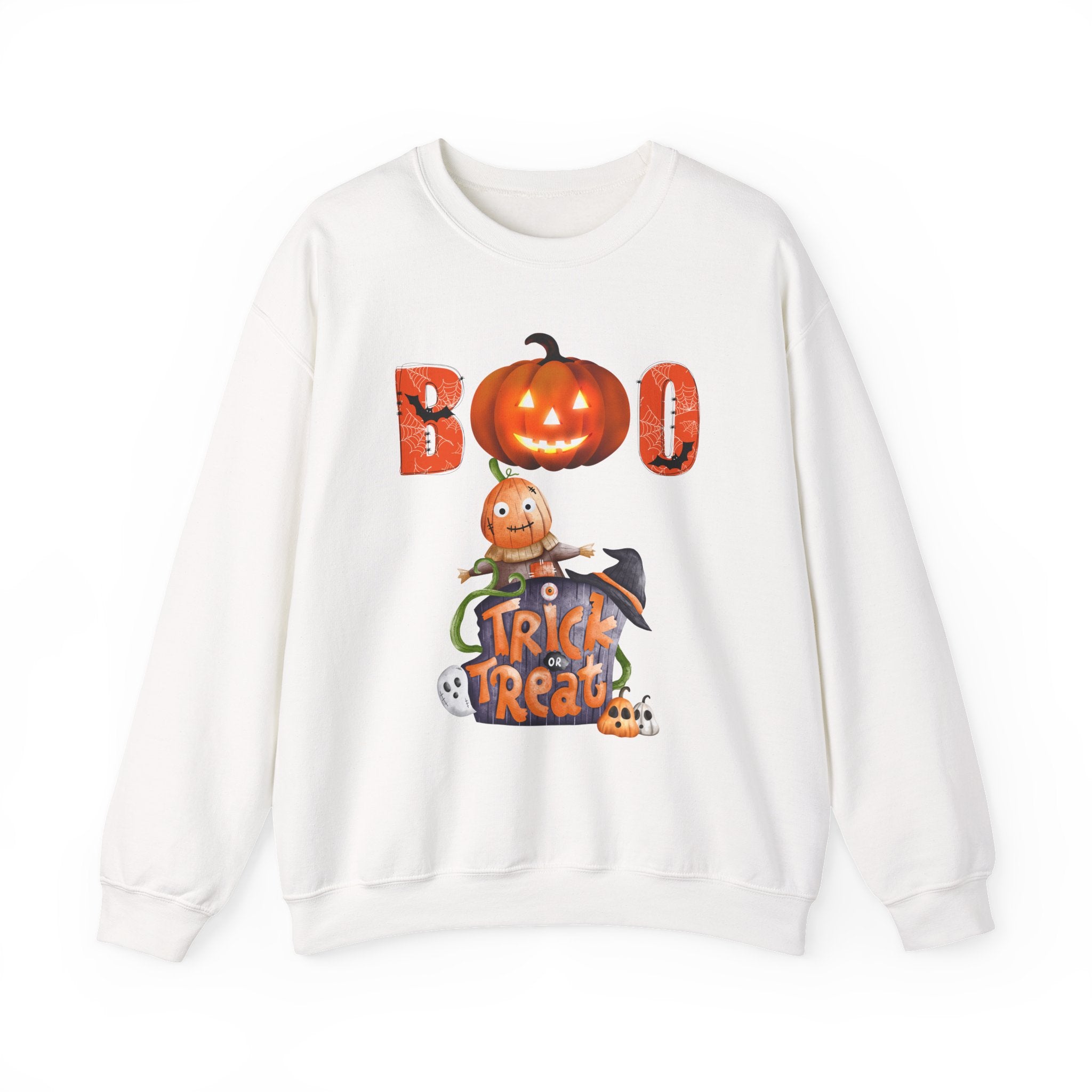 White sweatshirt with Halloween-themed design featuring pumpkins and text on a white background