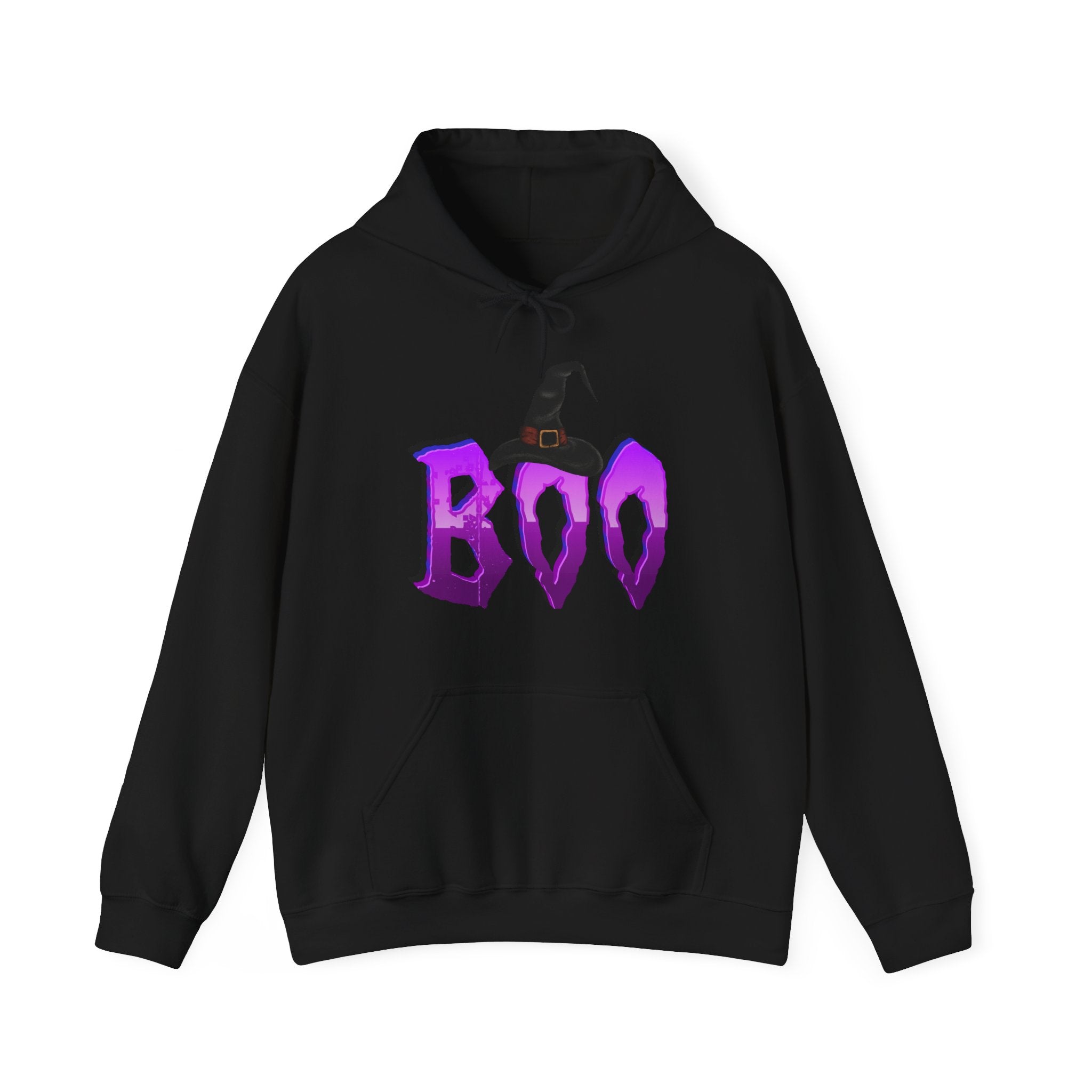 Black hoodie with purple 'BOO' text on a white background