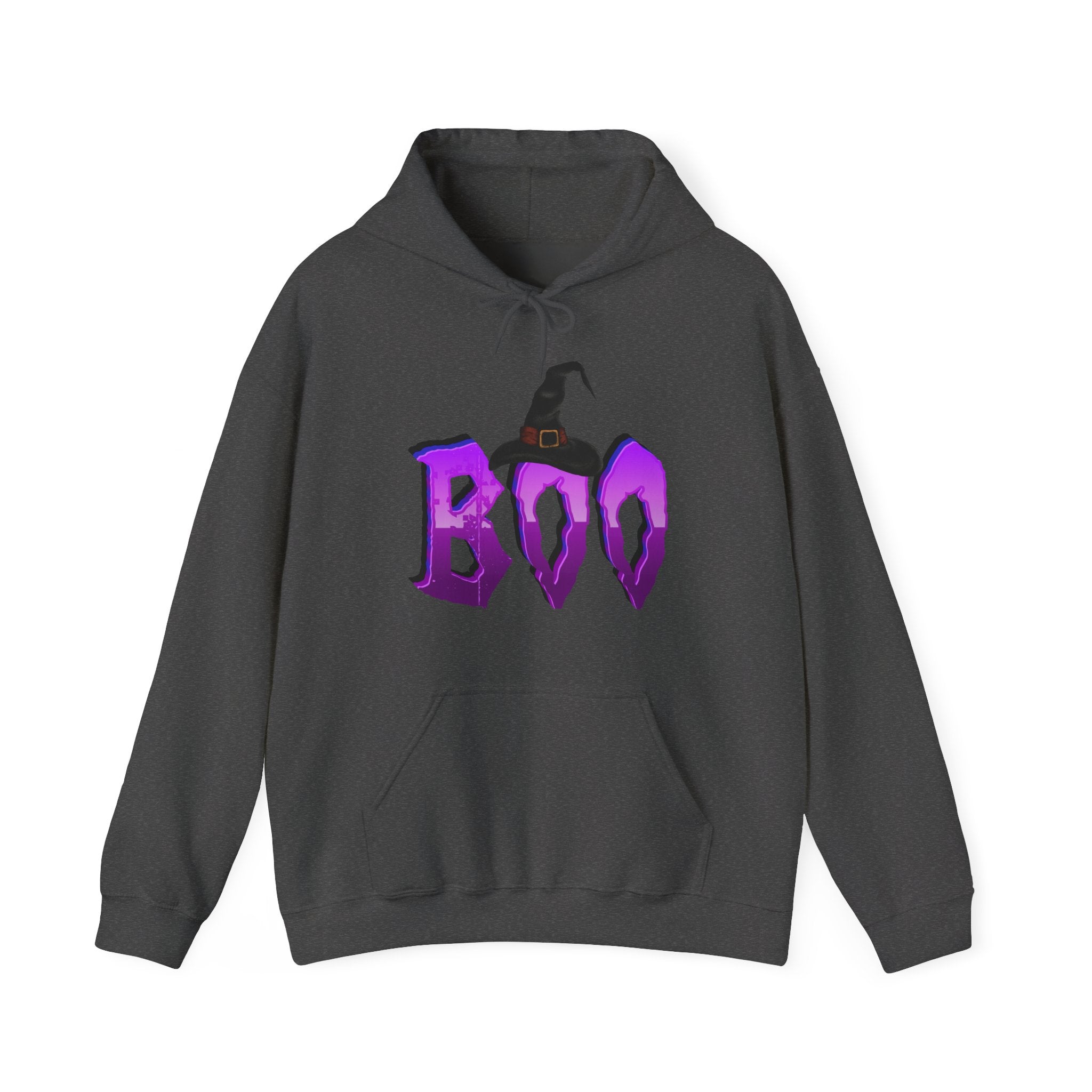 Gray hoodie with purple 'BOO' text and witch hat design on a white background