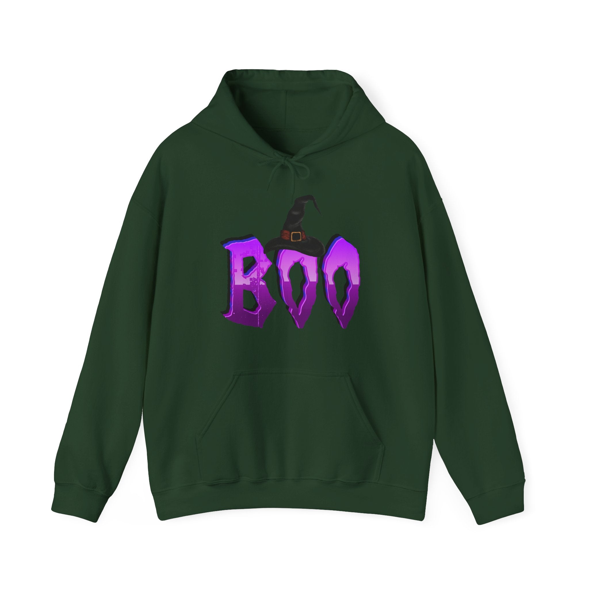 Forest green hoodie with purple 'BOO' text on a white background