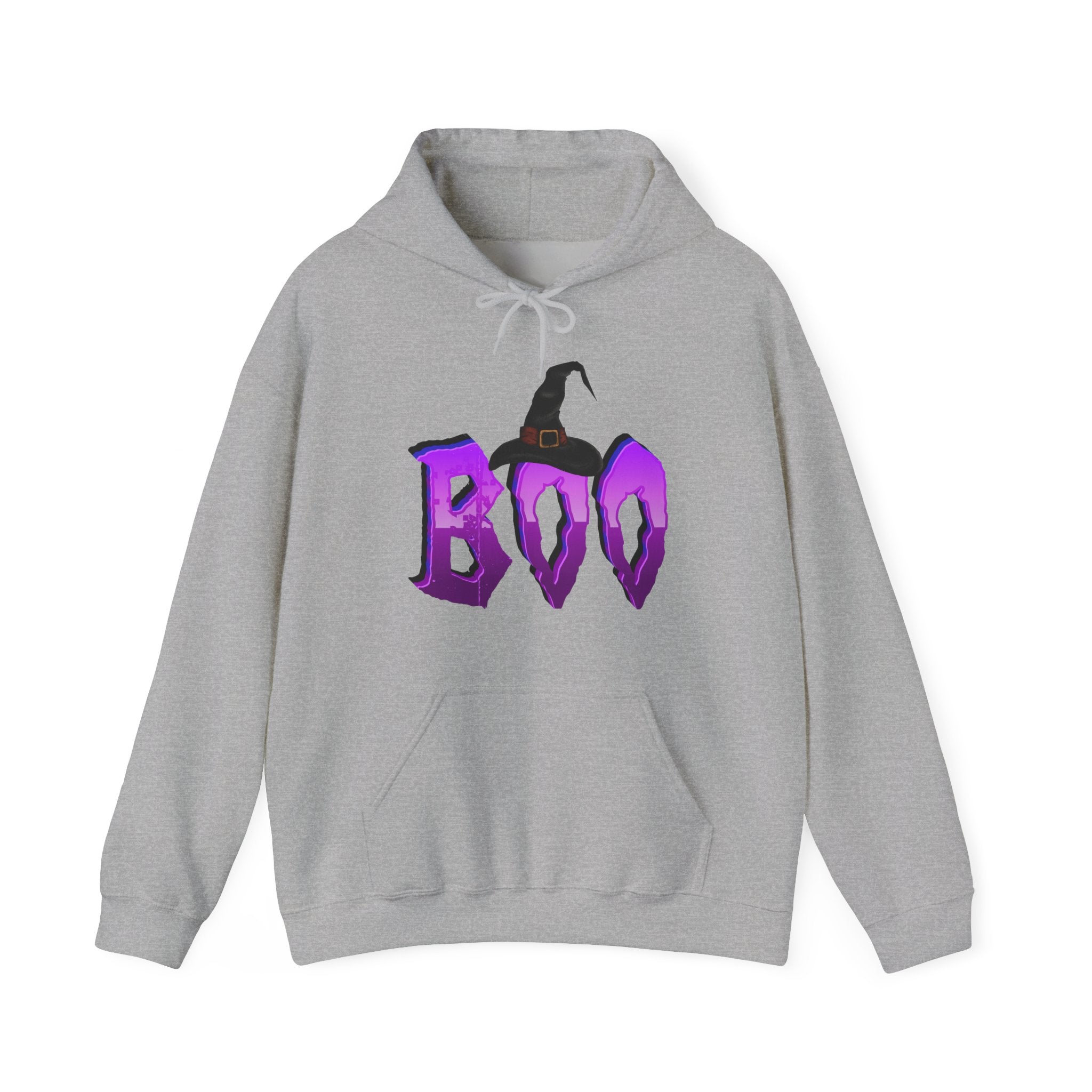 Gray hoodie with 'BOO' and witch hat design on a white background