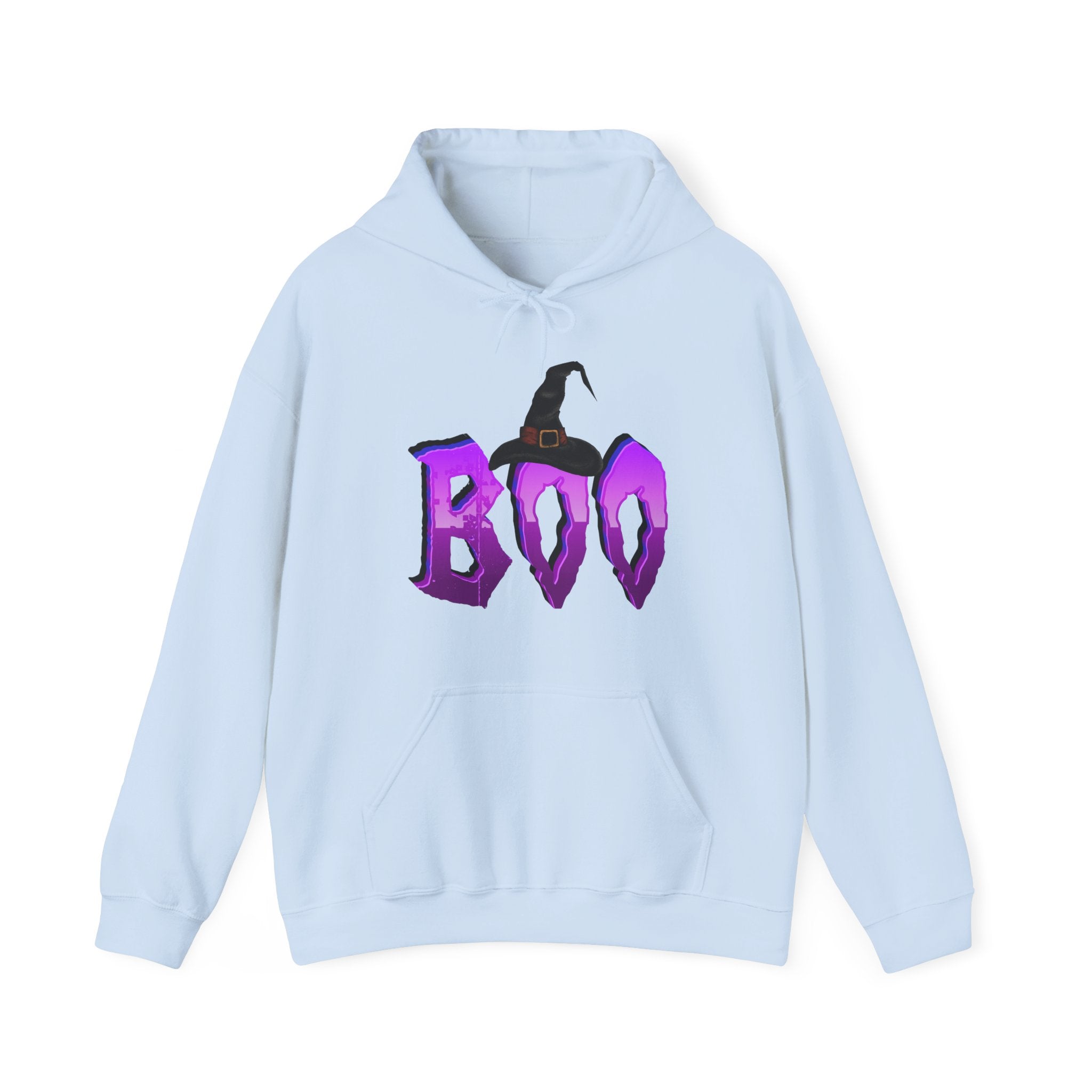 Light blue hoodie with 'BOO' and witch hat design on a white background