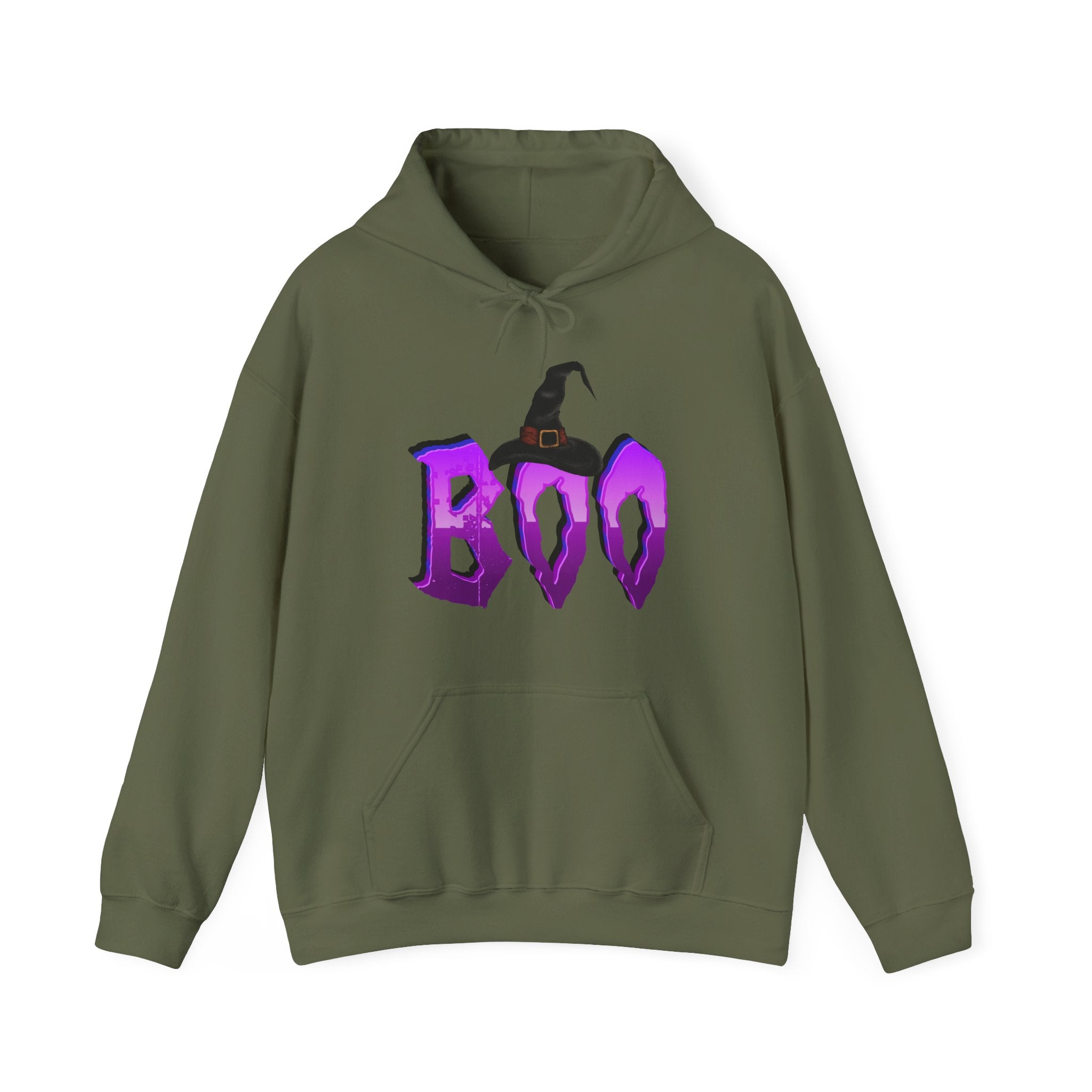 Military green hoodie with 'BOO' and witch hat design on a white background