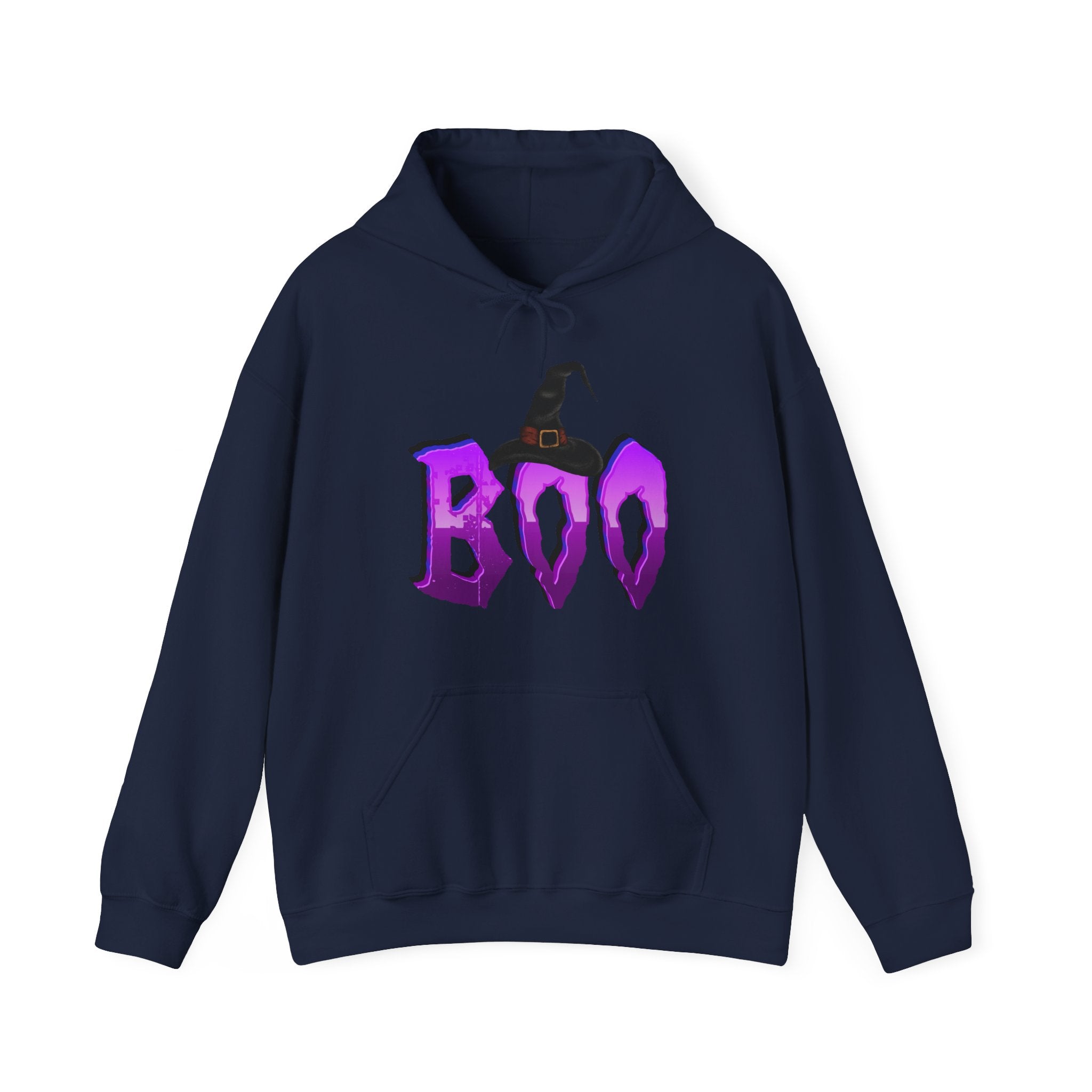 Navy blue hoodie with 'BOO' text and witch hat graphic on a white background