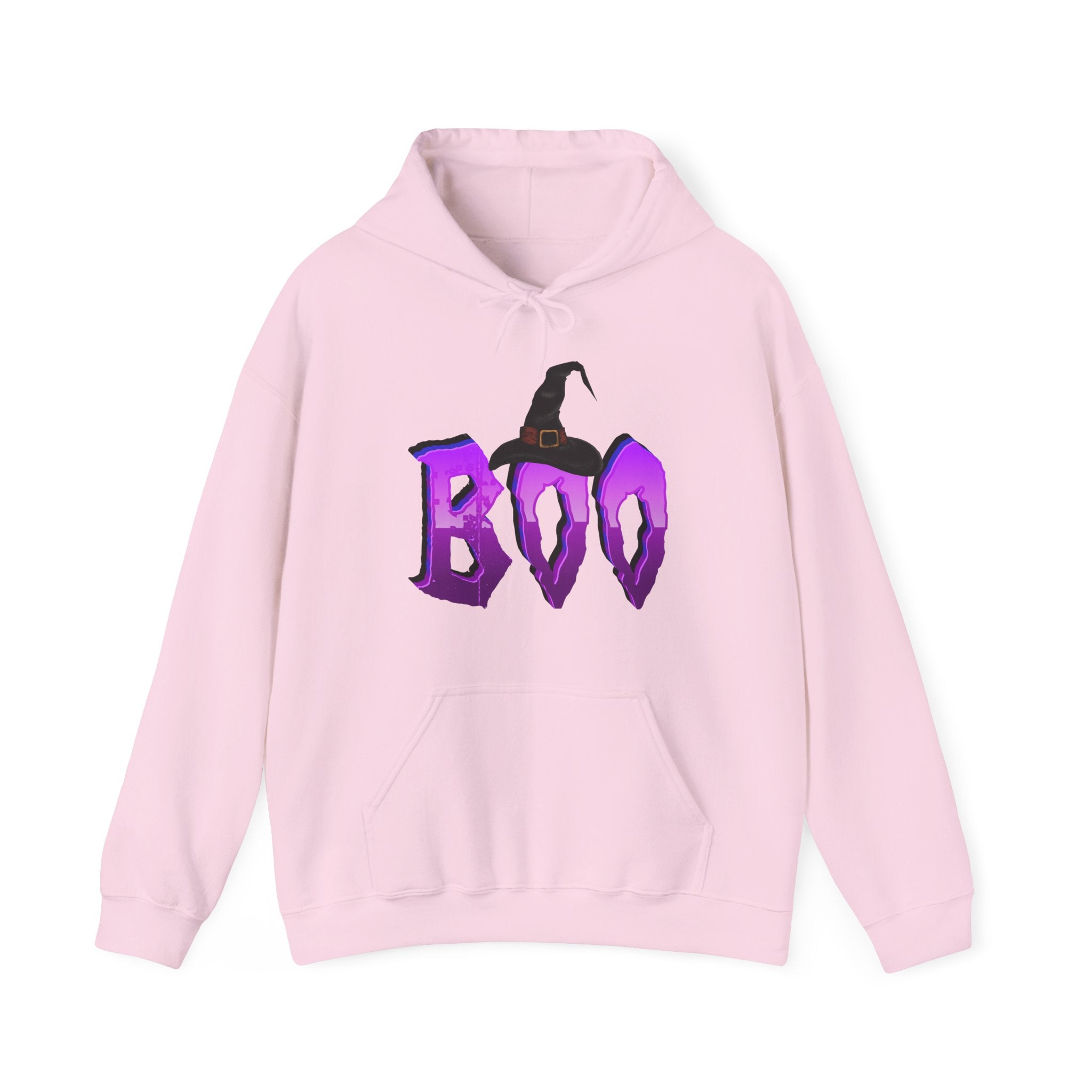 Pink hoodie with 'BOO' and witch hat design on a white background