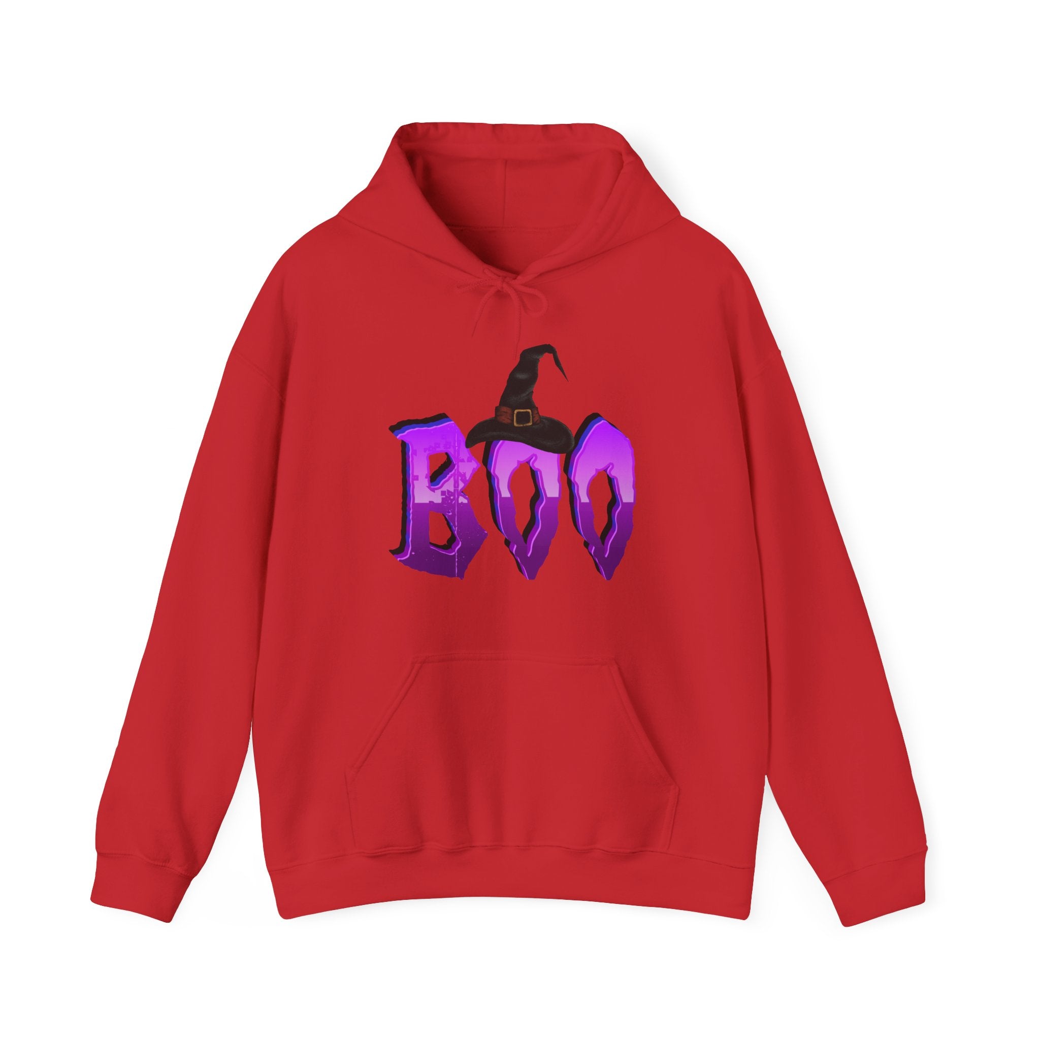 Red hoodie with 'BOO' and witch hat design on a white background