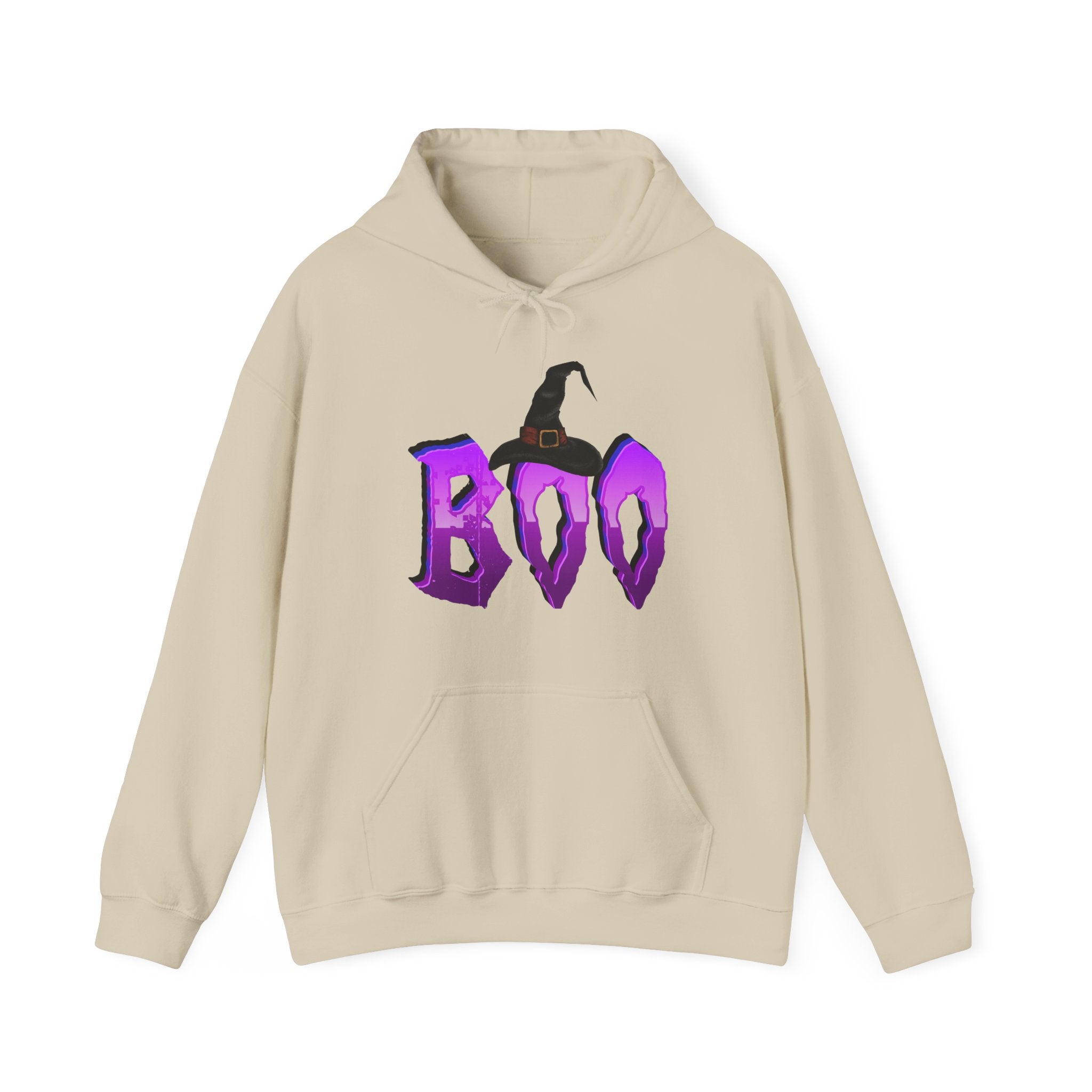 Beige hoodie with 'BOO' and witch hat design on a white background