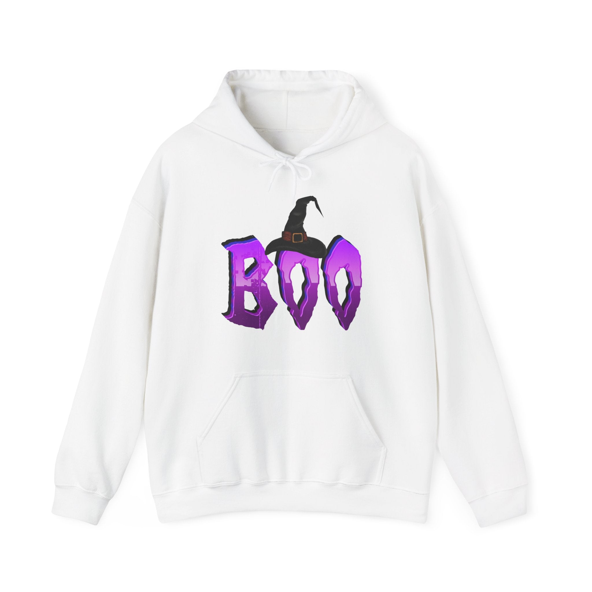 White hoodie with 'BOO' and witch hat design on a white background
