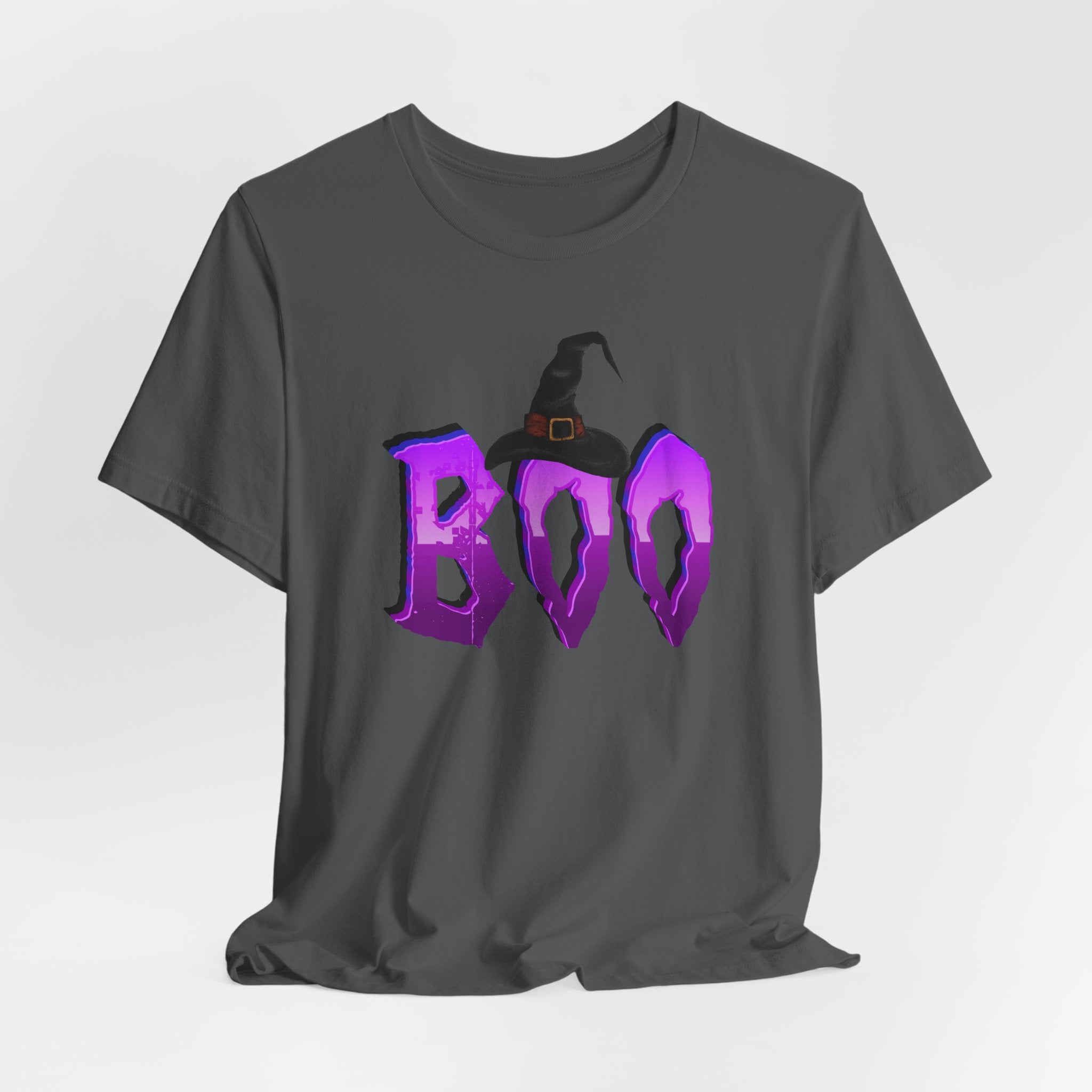 Asphalt gray t-shirt with purple 'BOO' text and witch hat design on a light gray background